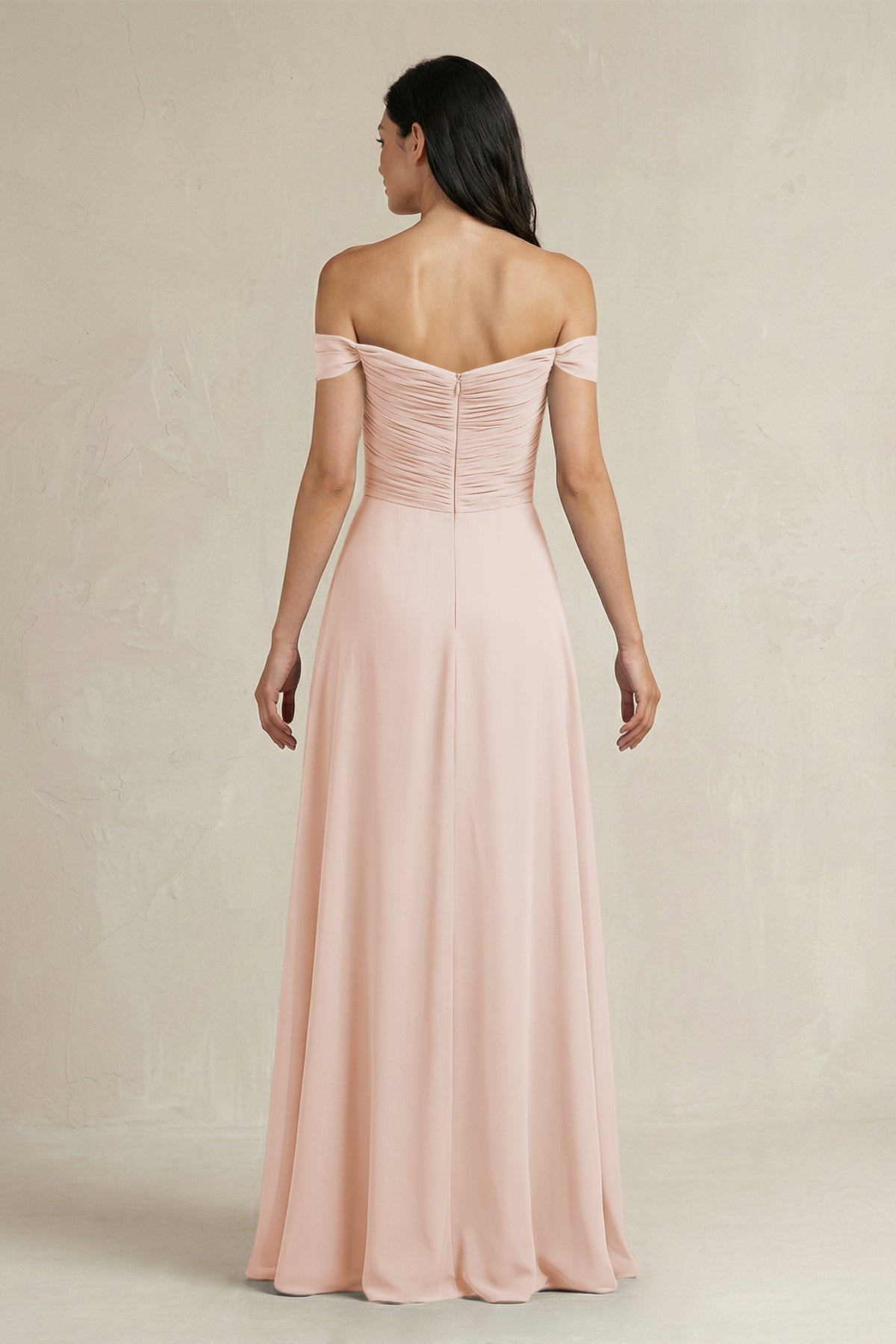 A-Line Pleated Off-the-Shoulder Chiffon Bridesmaid Dress in Pale Blush
