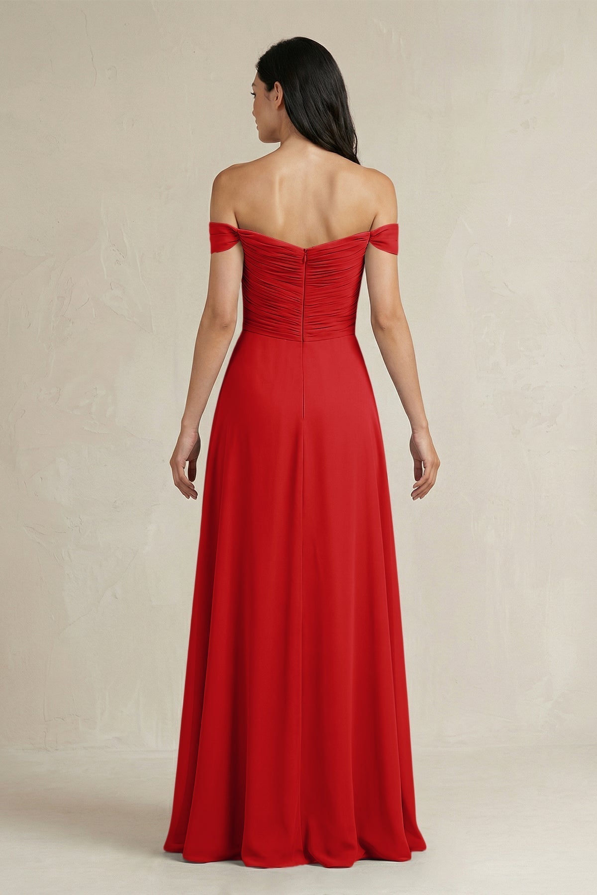 A-Line Pleated Off-the-Shoulder Chiffon Bridesmaid Dress in Ruby Red