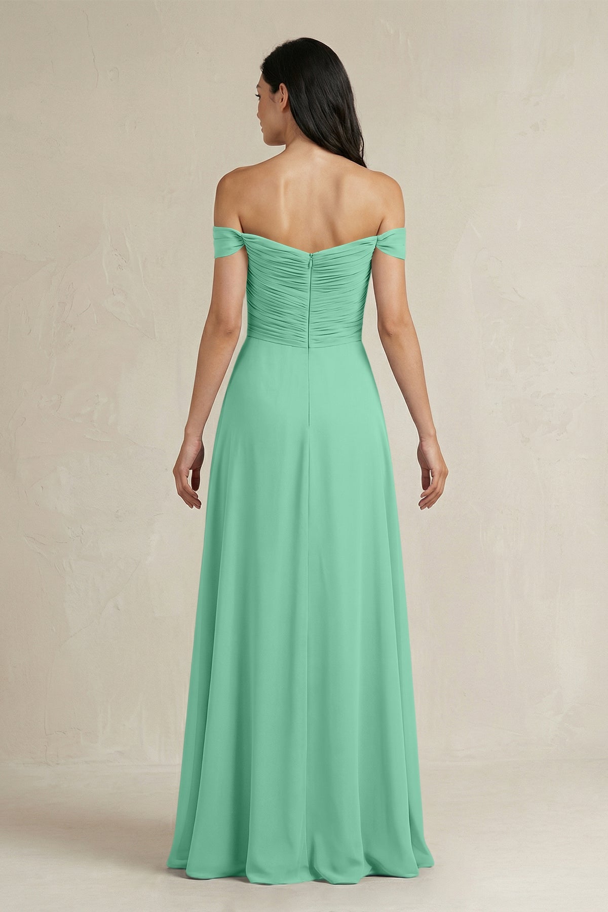 A-Line Pleated Off-the-Shoulder Chiffon Bridesmaid Dress in Turquoise