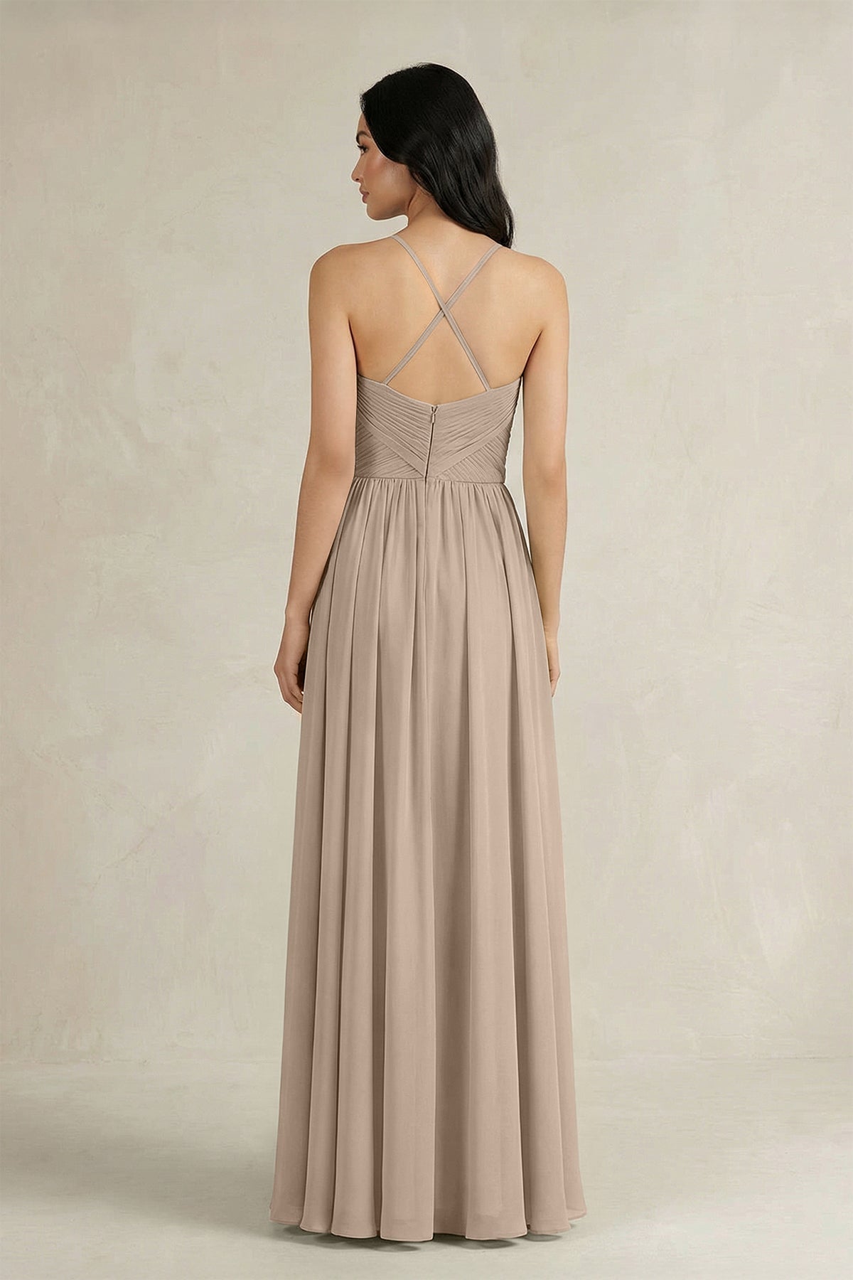 A-Line Pleated Spaghetti Strap Chiffon Bridesmaid Dress in Almond