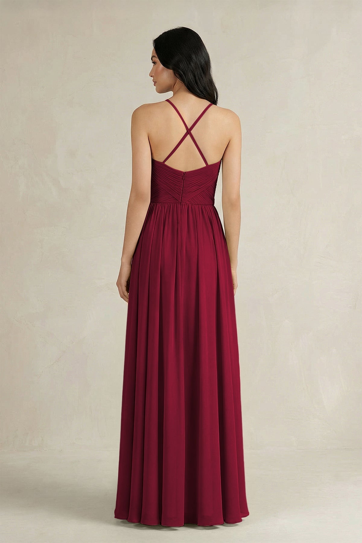 A-Line Pleated Spaghetti Strap Chiffon Bridesmaid Dress in Berry