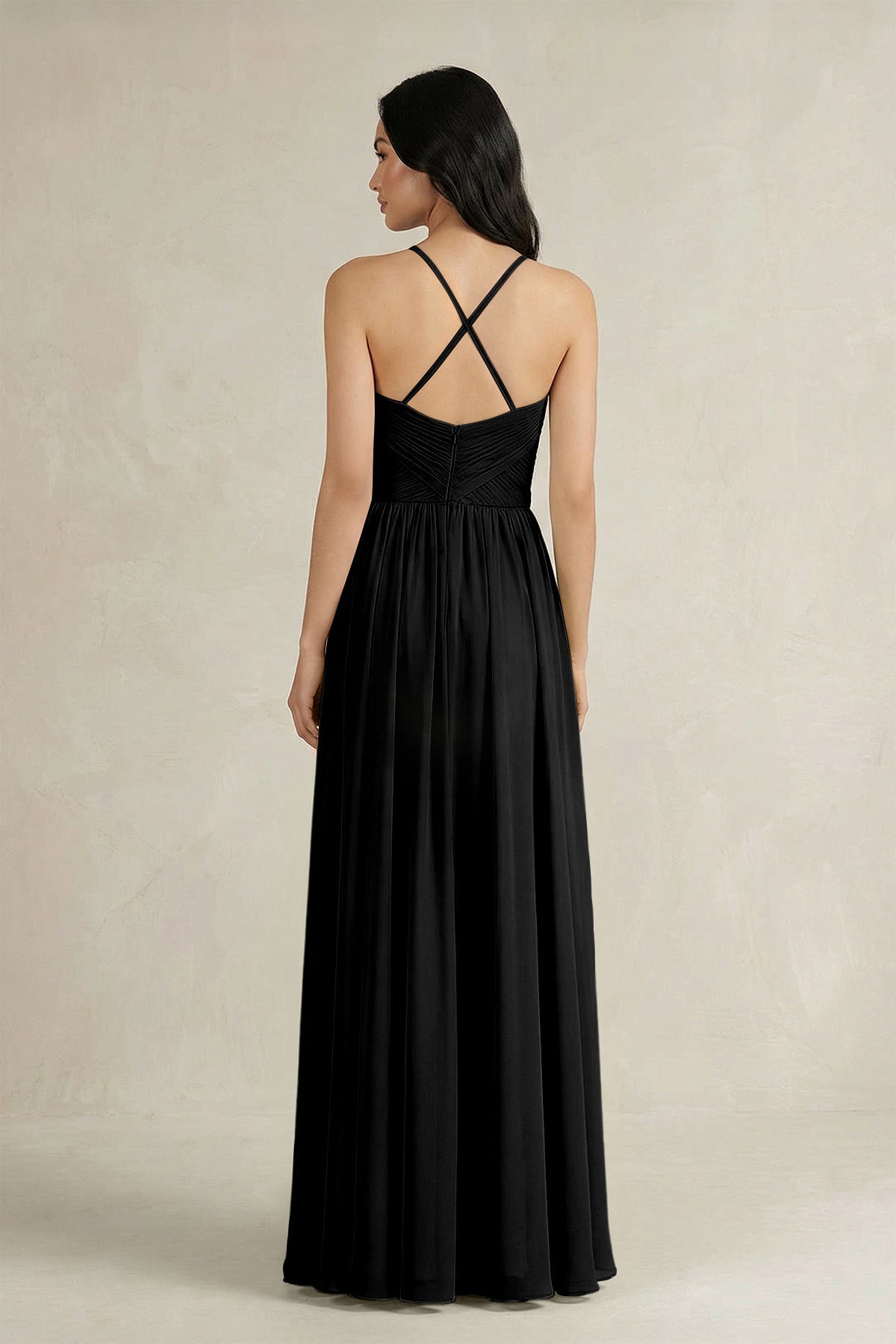 A-Line Pleated Spaghetti Strap Chiffon Bridesmaid Dress in Black