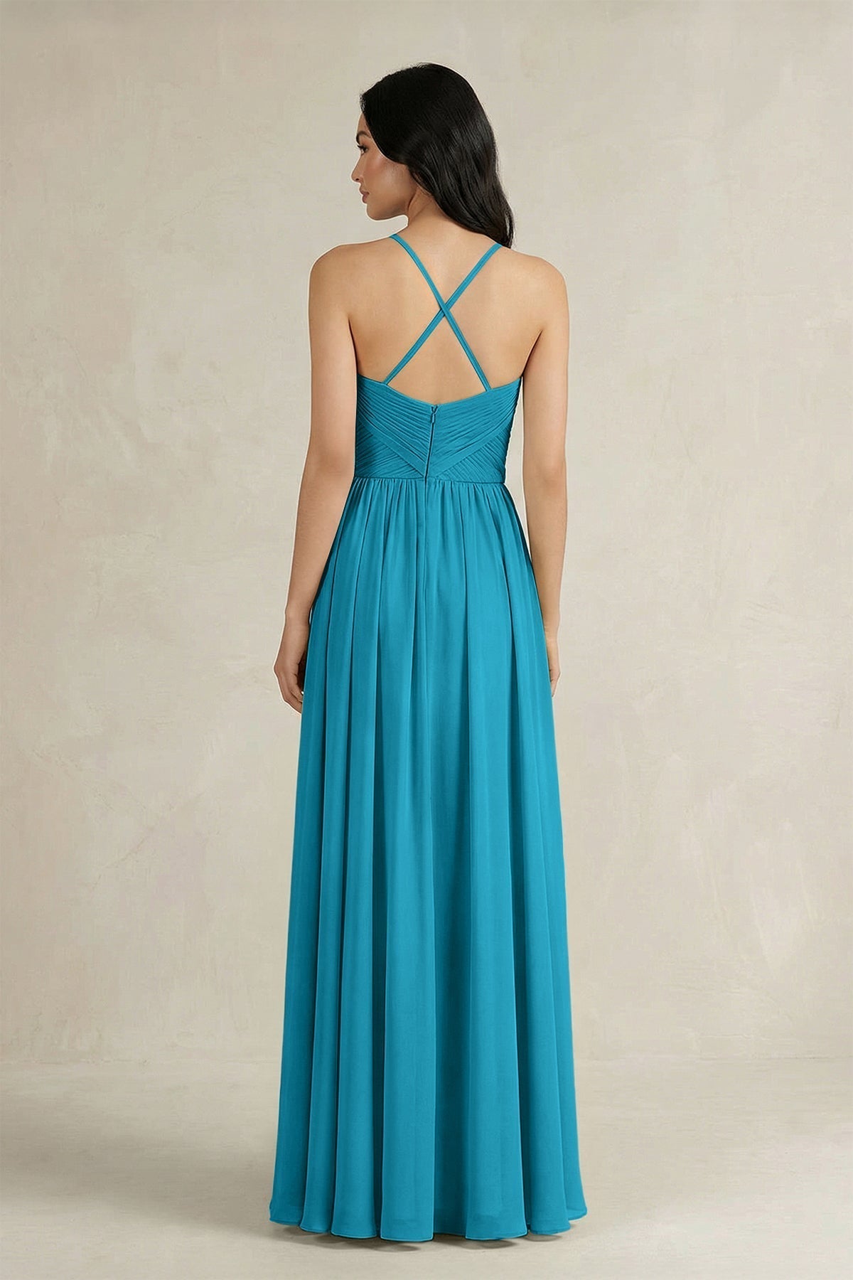 A-Line Pleated Spaghetti Strap Chiffon Bridesmaid Dress in Blue Jay