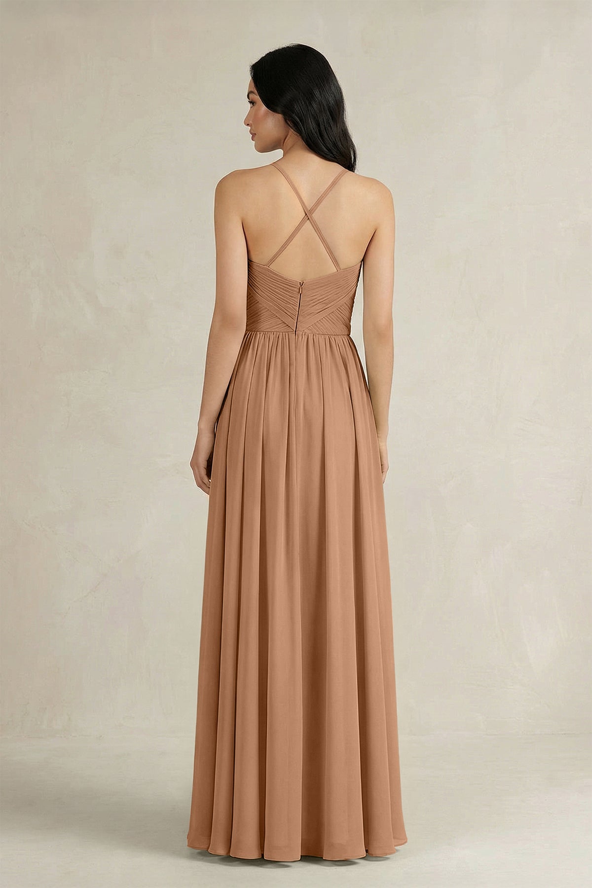 A-Line Pleated Spaghetti Strap Chiffon Bridesmaid Dress in Bronzer