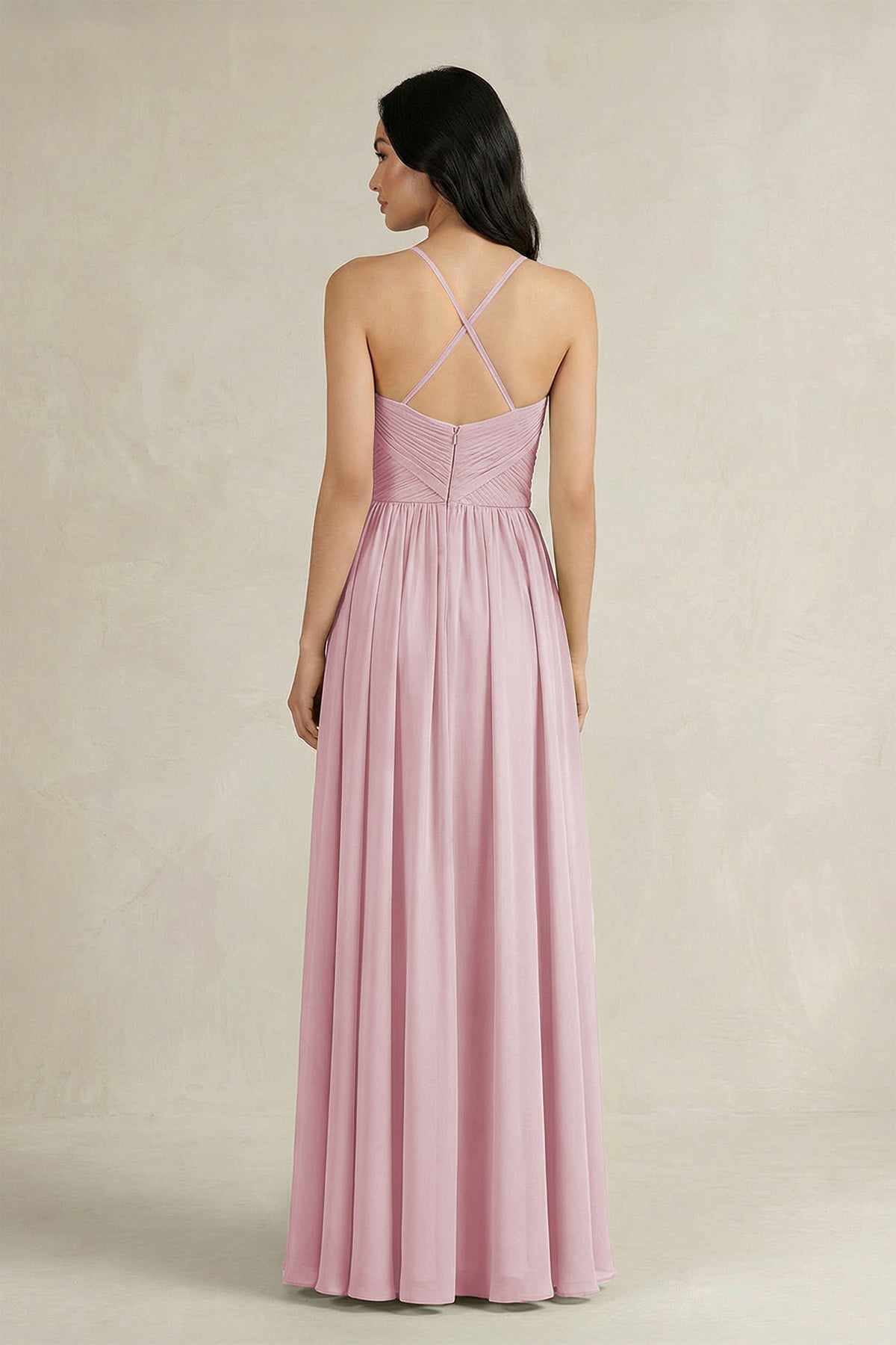 A-Line Pleated Spaghetti Strap Chiffon Bridesmaid Dress in Candy Pink