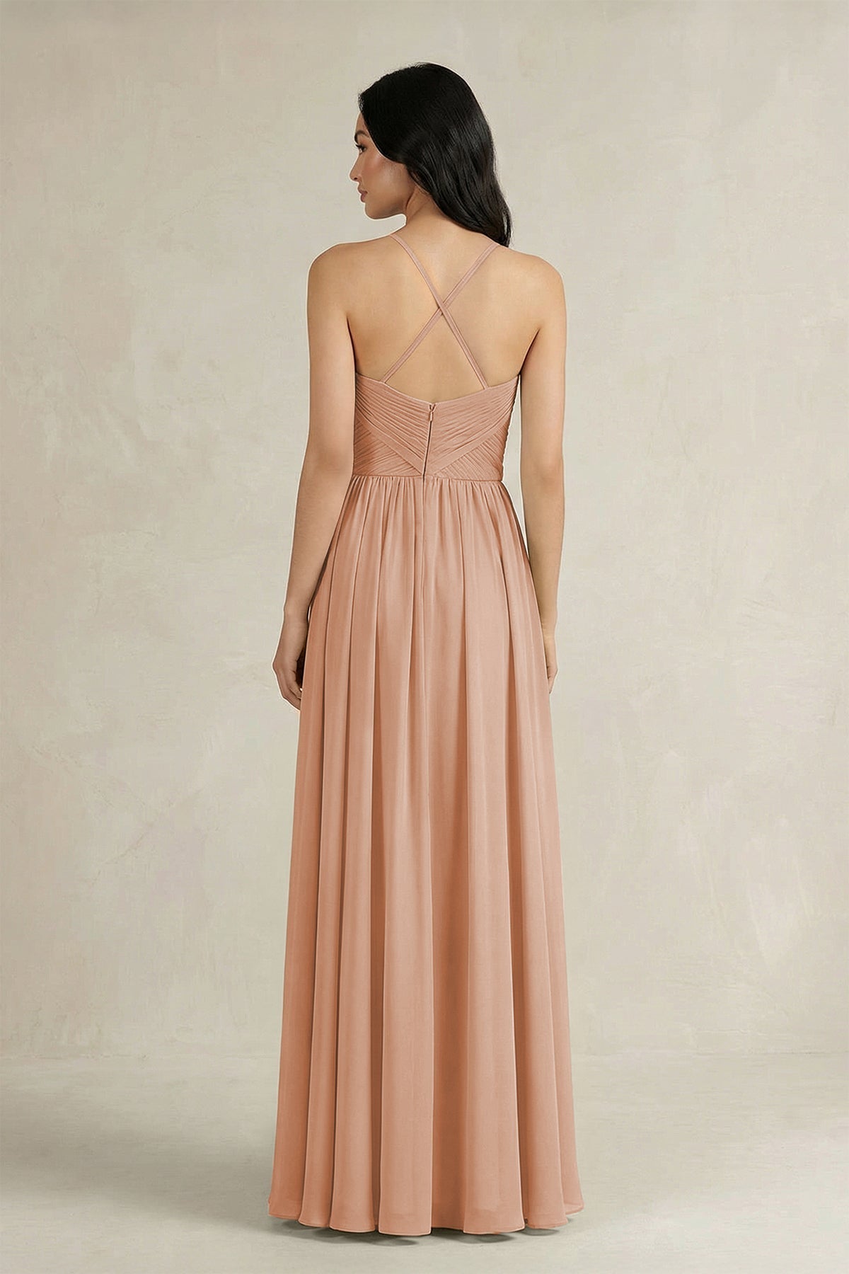A-Line Pleated Spaghetti Strap Chiffon Bridesmaid Dress in Champagne Rose