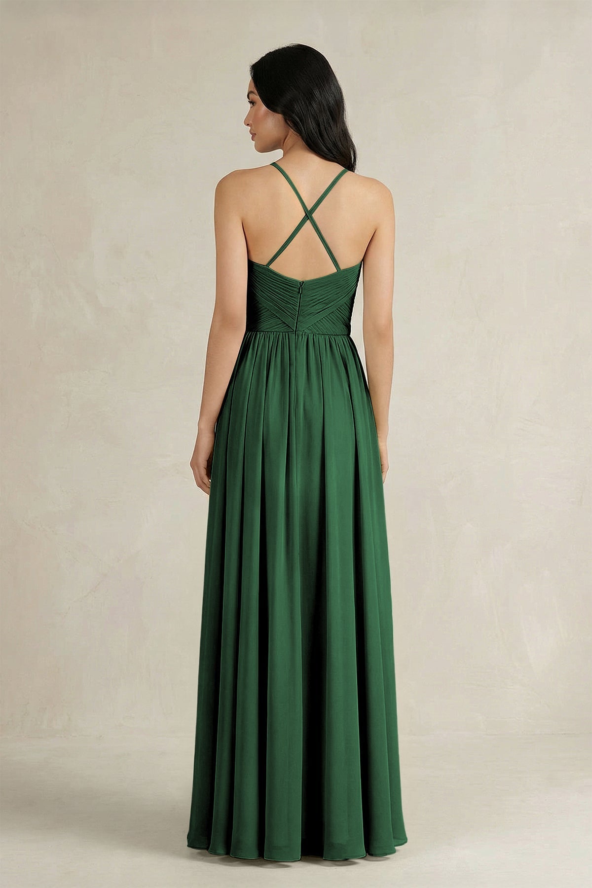 A-Line Pleated Spaghetti Strap Chiffon Bridesmaid Dress in Dark Green