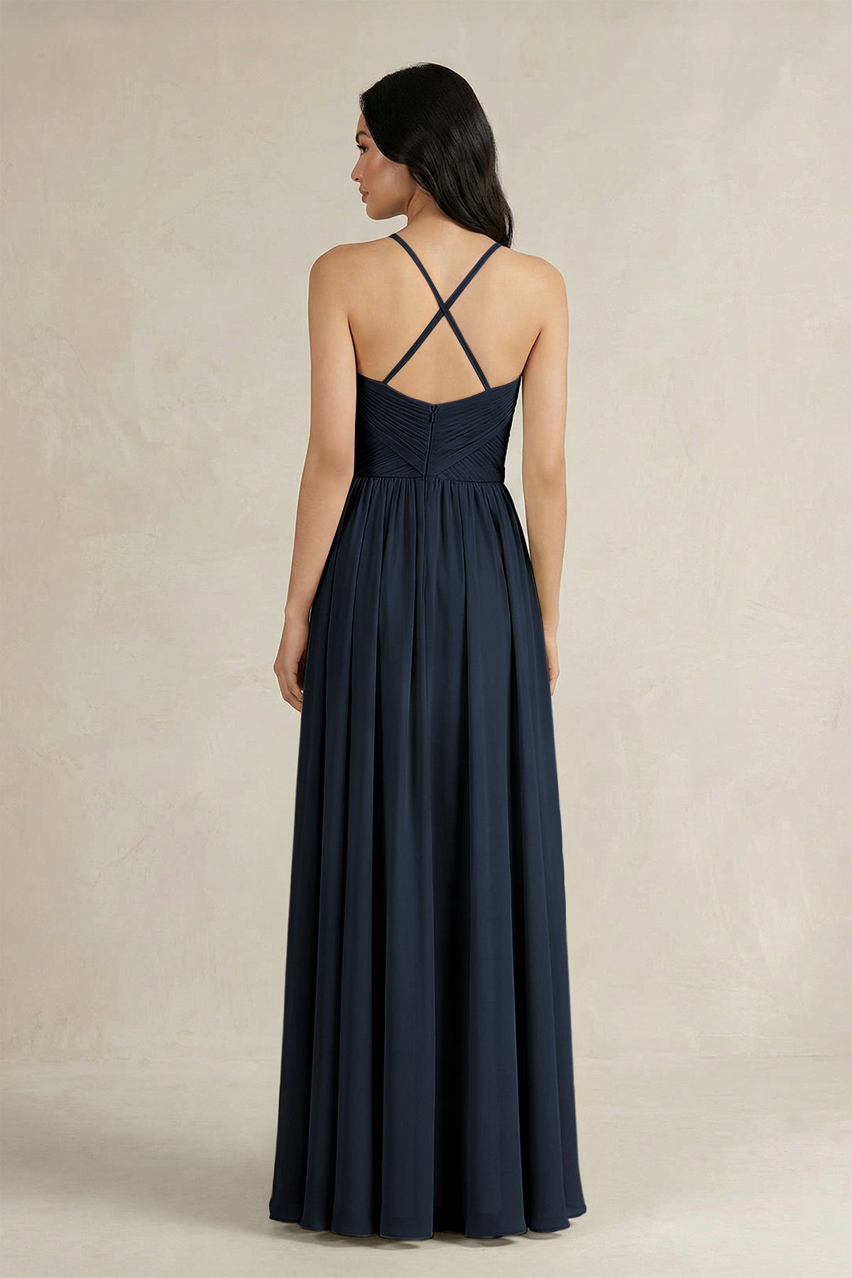 A-Line Pleated Spaghetti Strap Chiffon Bridesmaid Dress in Dark Navy