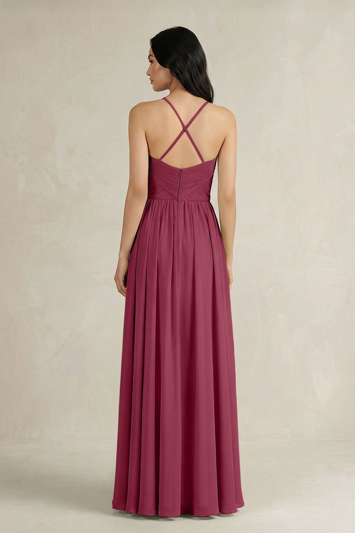 A-Line Pleated Spaghetti Strap Chiffon Bridesmaid Dress in Desert Rose