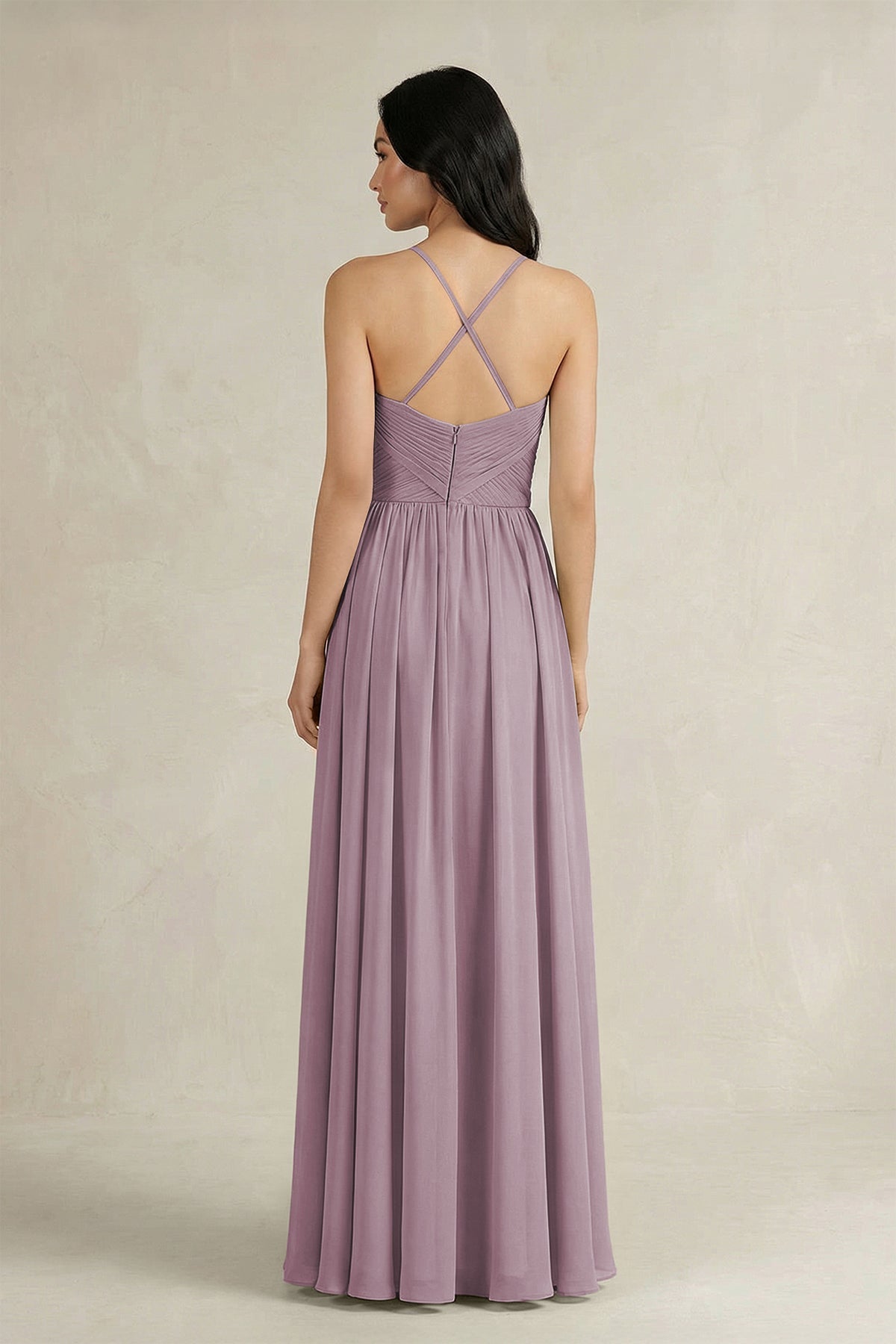 A-Line Pleated Spaghetti Strap Chiffon Bridesmaid Dress in Dusk