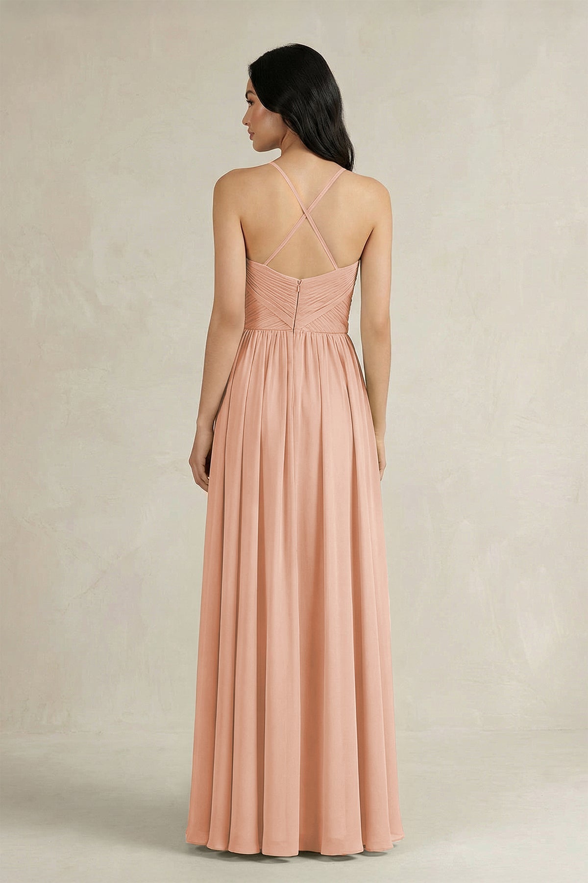 A-Line Pleated Spaghetti Strap Chiffon Bridesmaid Dress in English Rose