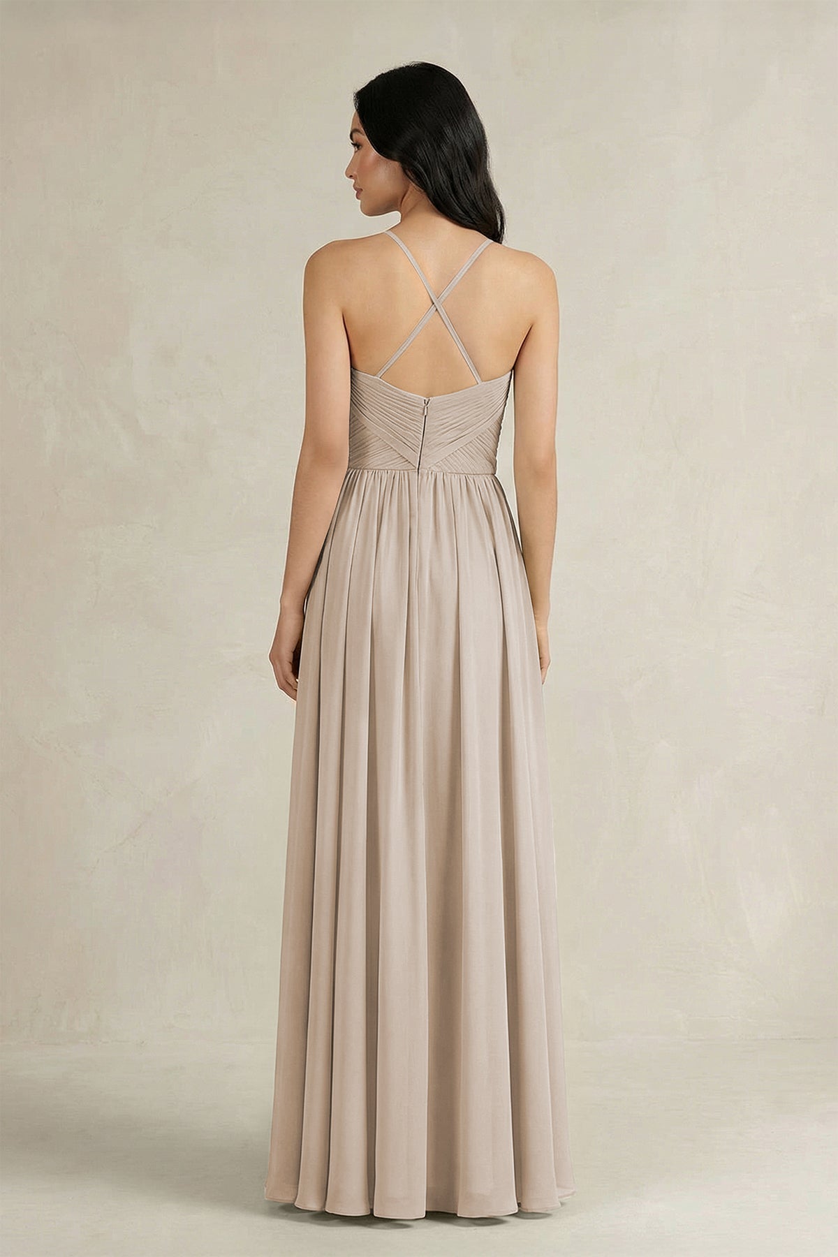 A-Line Pleated Spaghetti Strap Chiffon Bridesmaid Dress in Frost