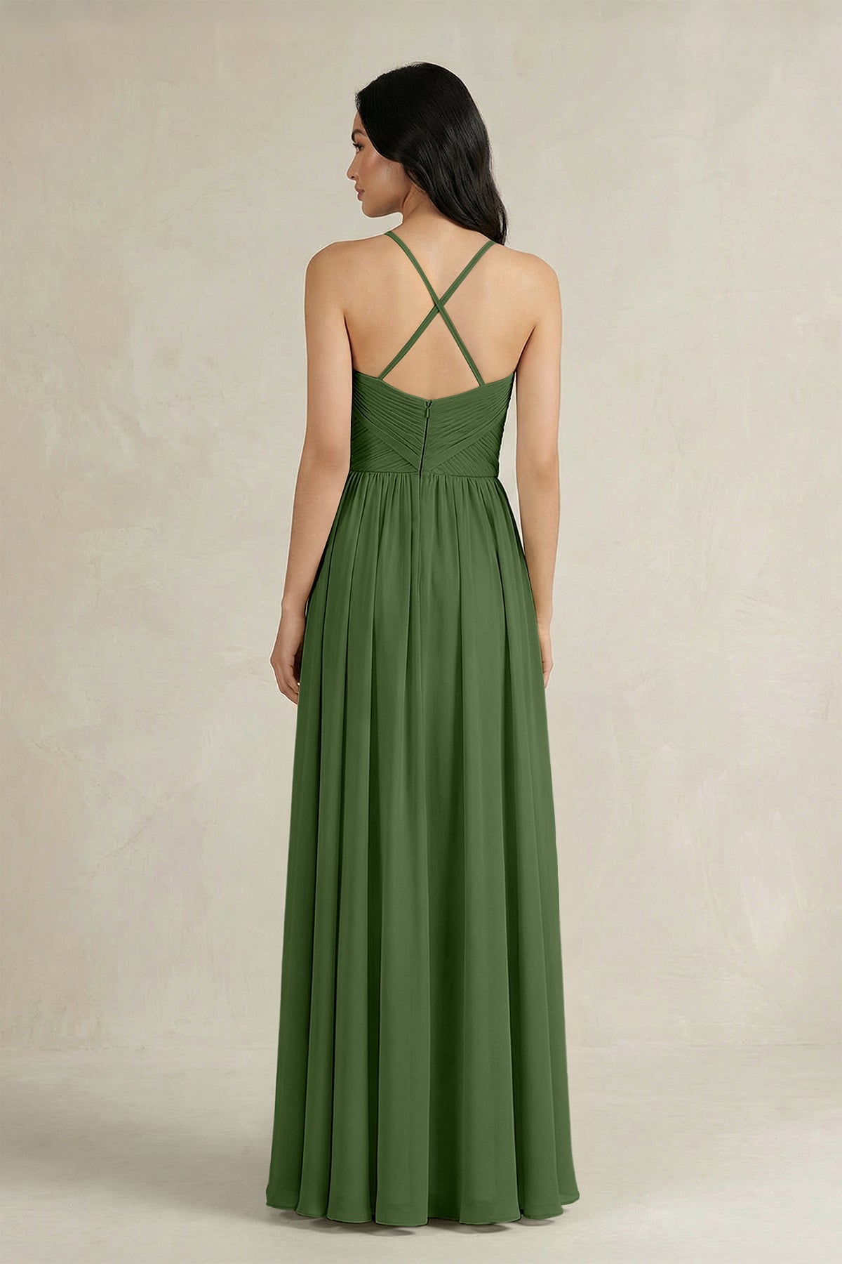 A-Line Pleated Spaghetti Strap Chiffon Bridesmaid Dress in Moss