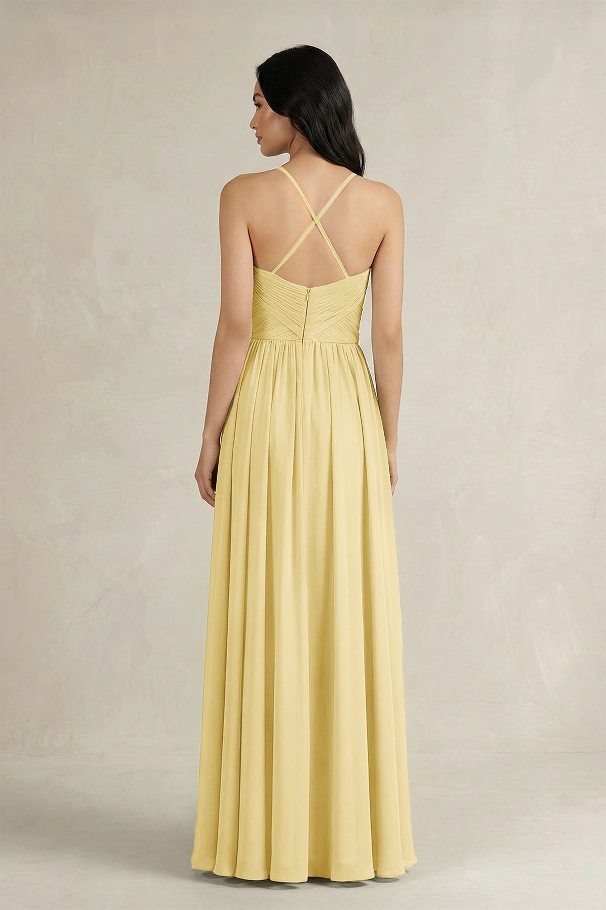 A-Line Pleated Spaghetti Strap Chiffon Bridesmaid Dress in Pastel Yellow