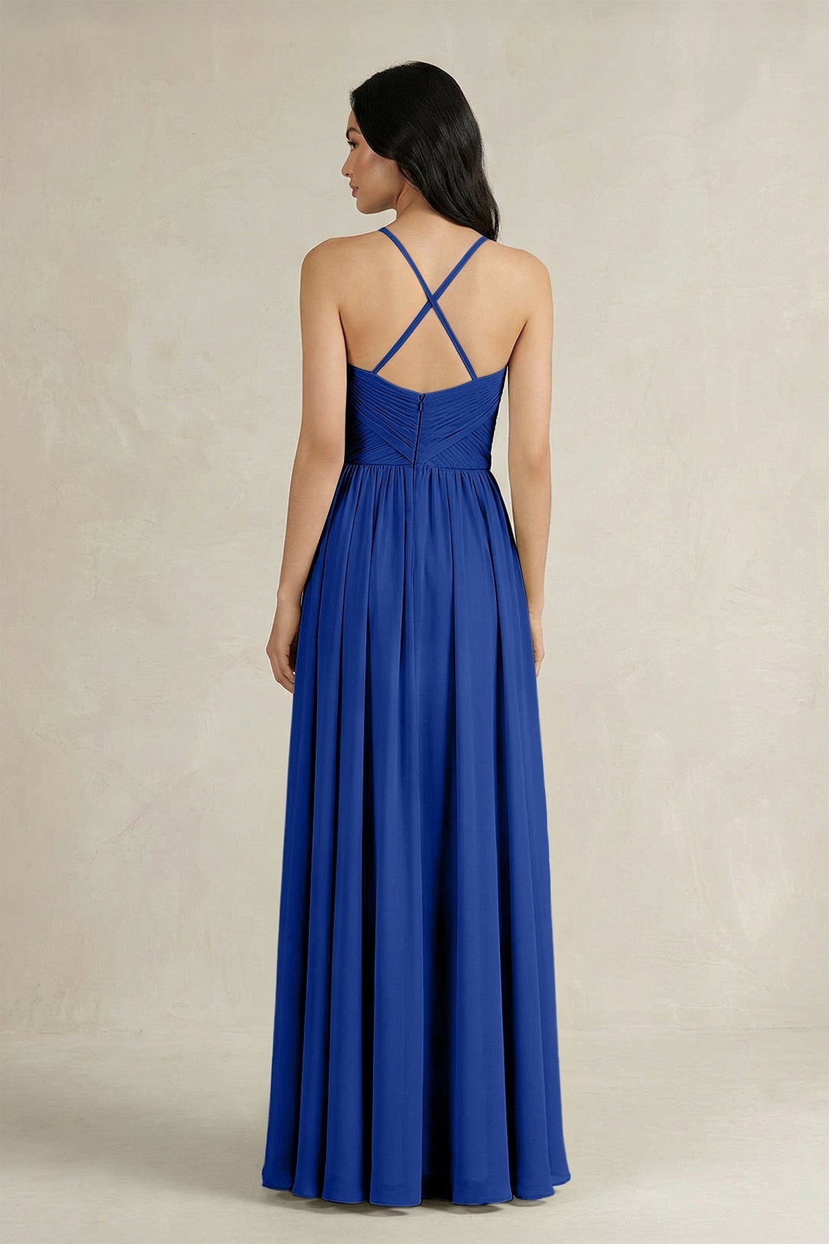 A-Line Pleated Spaghetti Strap Chiffon Bridesmaid Dress in Royal Blue