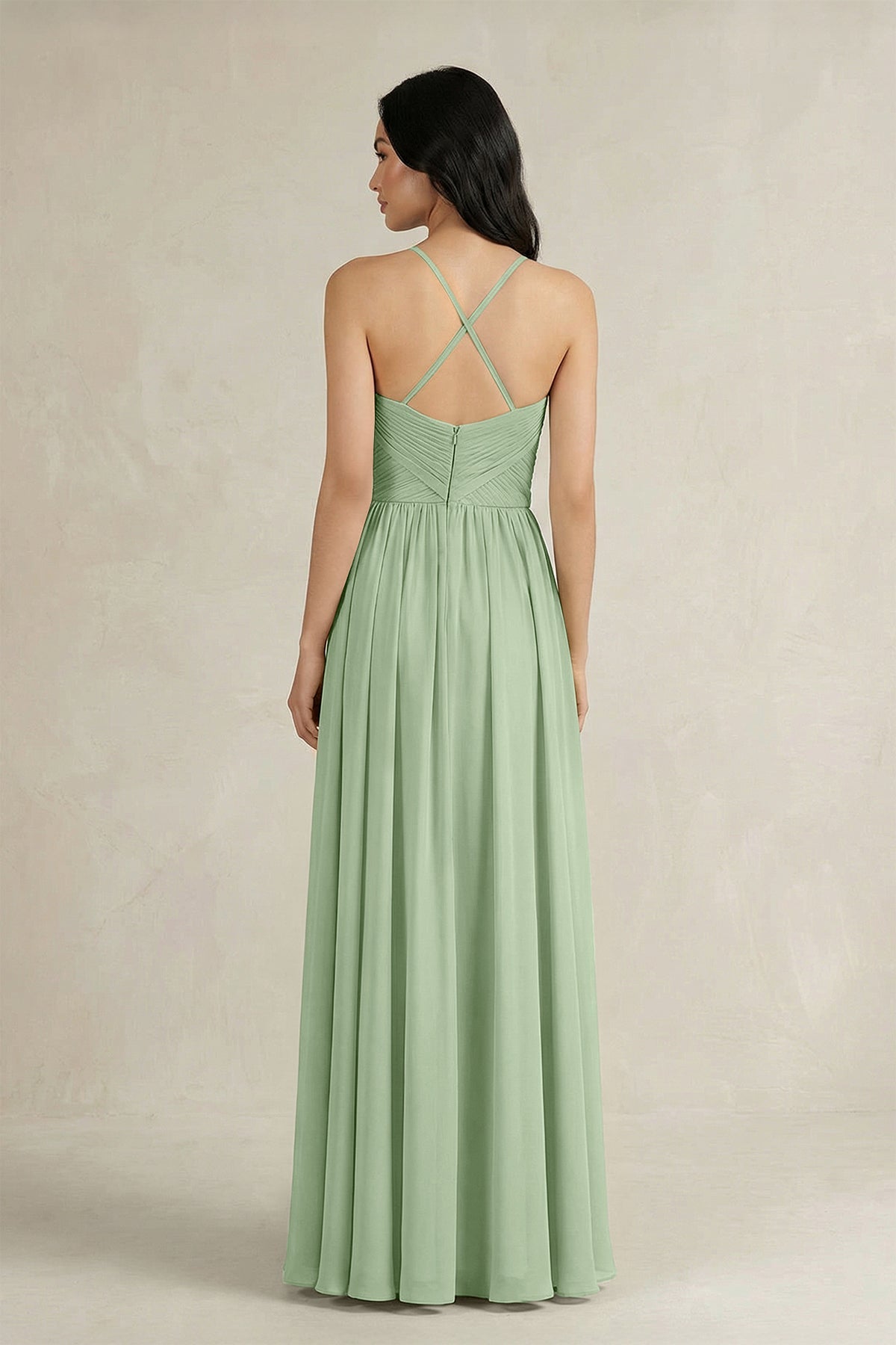 A-Line Pleated Spaghetti Strap Chiffon Bridesmaid Dress in Sage