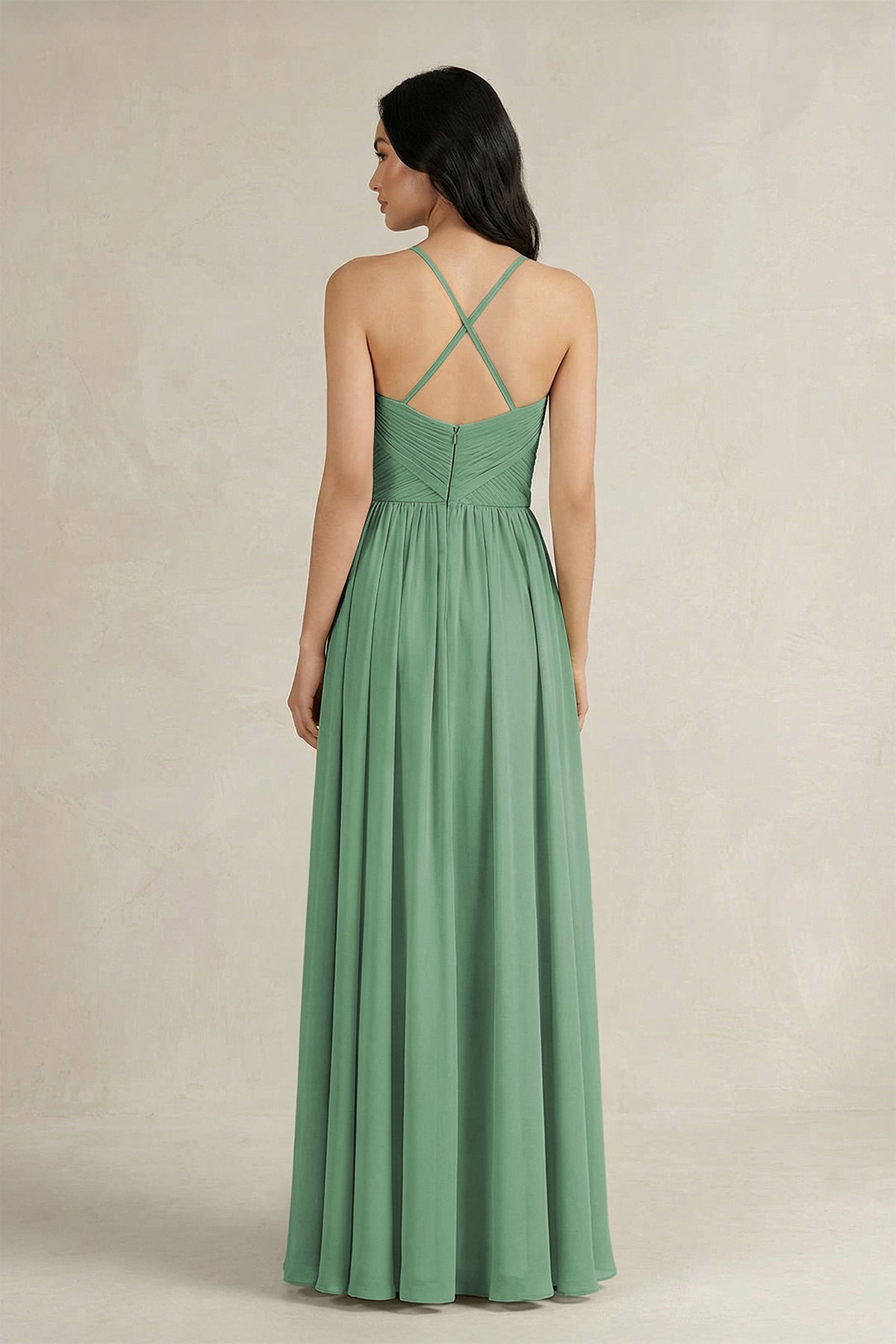 A-Line Pleated Spaghetti Strap Chiffon Bridesmaid Dress in Sea Glass