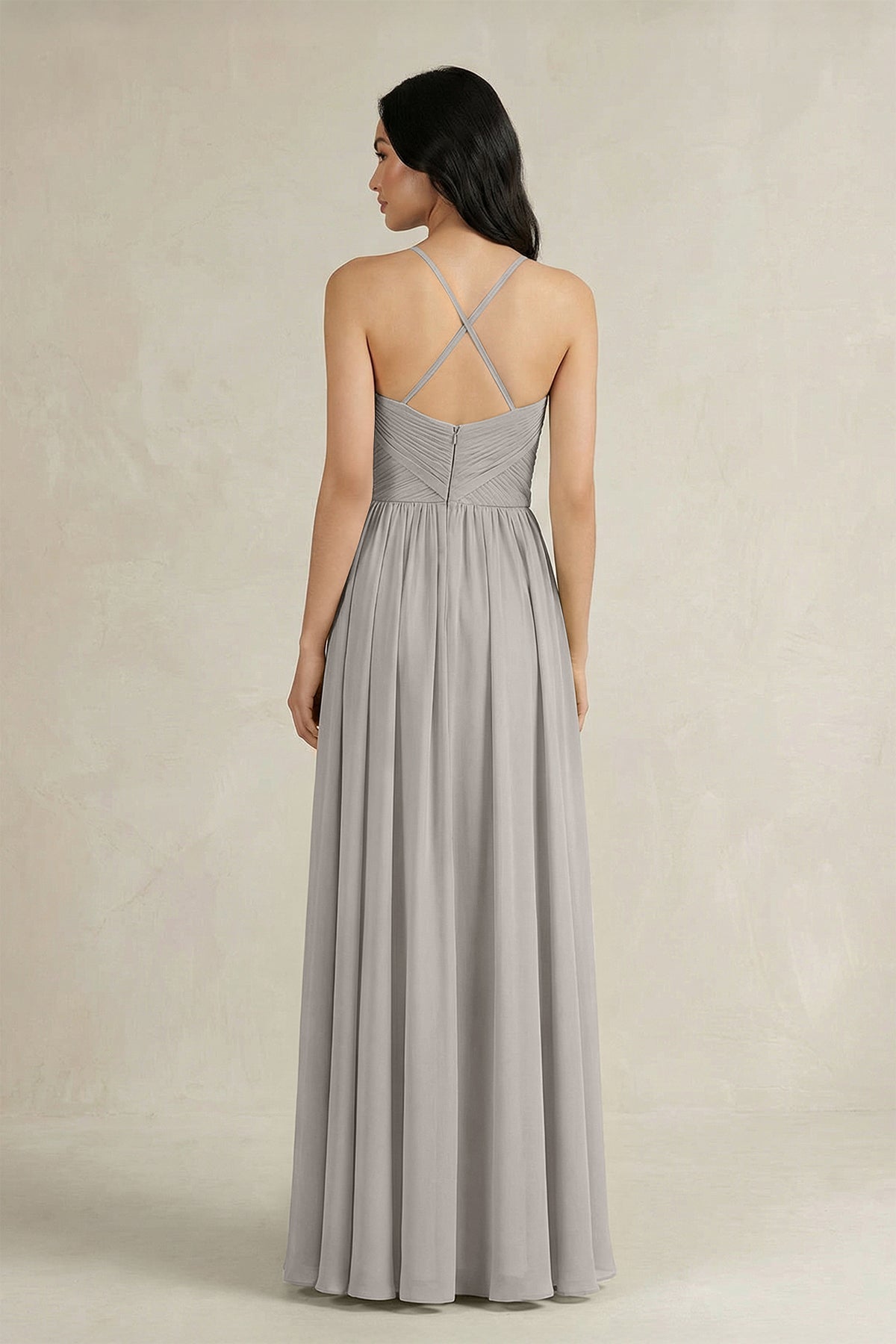 A-Line Pleated Spaghetti Strap Chiffon Bridesmaid Dress in Silver