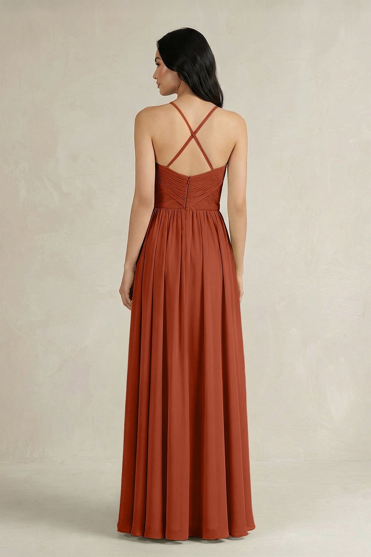A-Line Pleated Spaghetti Strap Chiffon Bridesmaid Dress in Spice