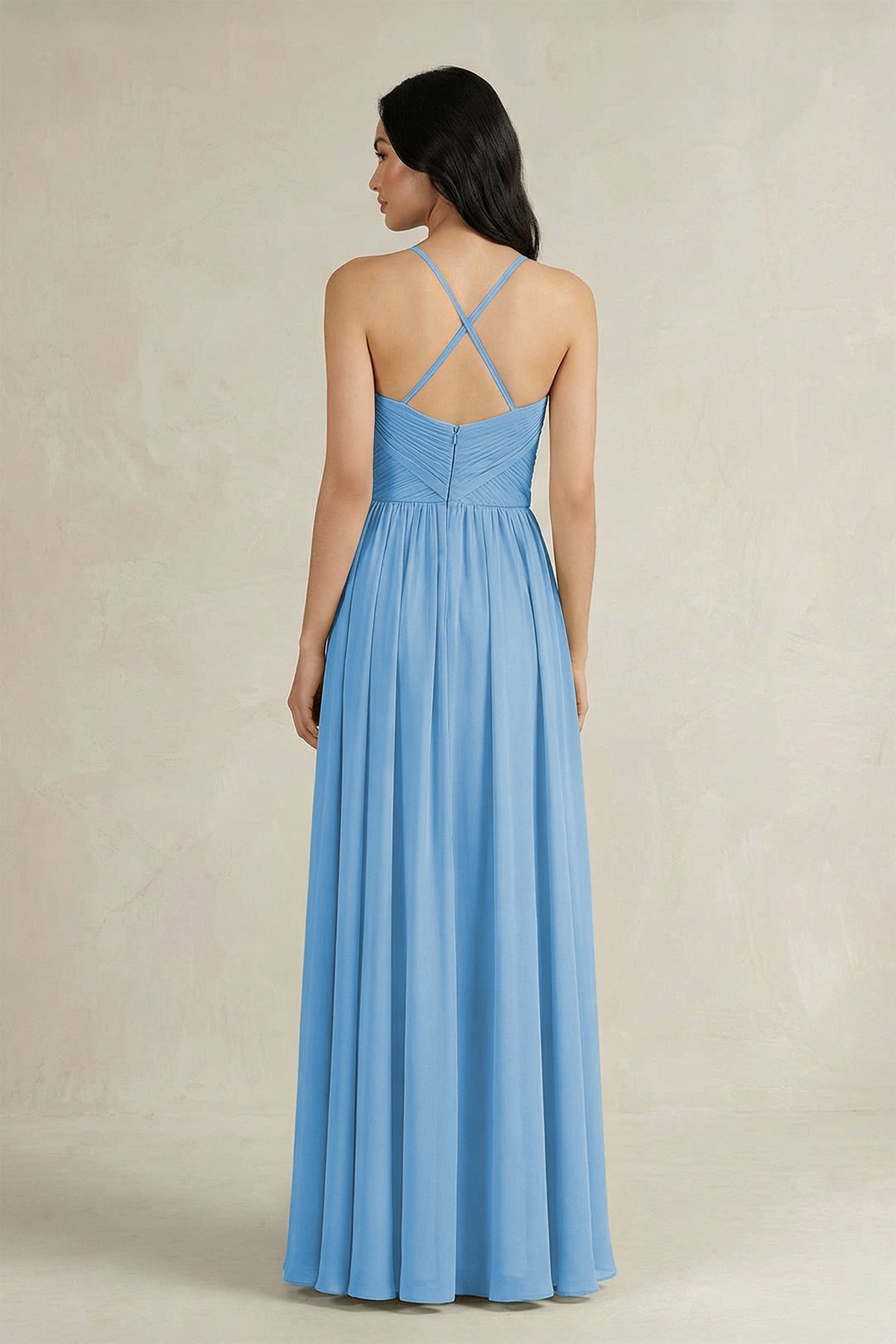 A-Line Pleated Spaghetti Strap Chiffon Bridesmaid Dress in Steel Blue