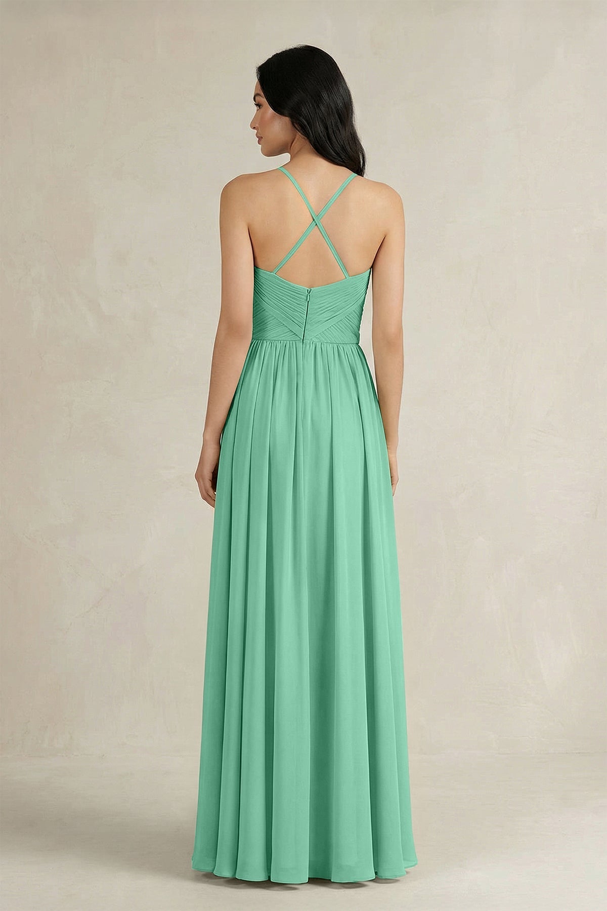 A-Line Pleated Spaghetti Strap Chiffon Bridesmaid Dress in Turquoise