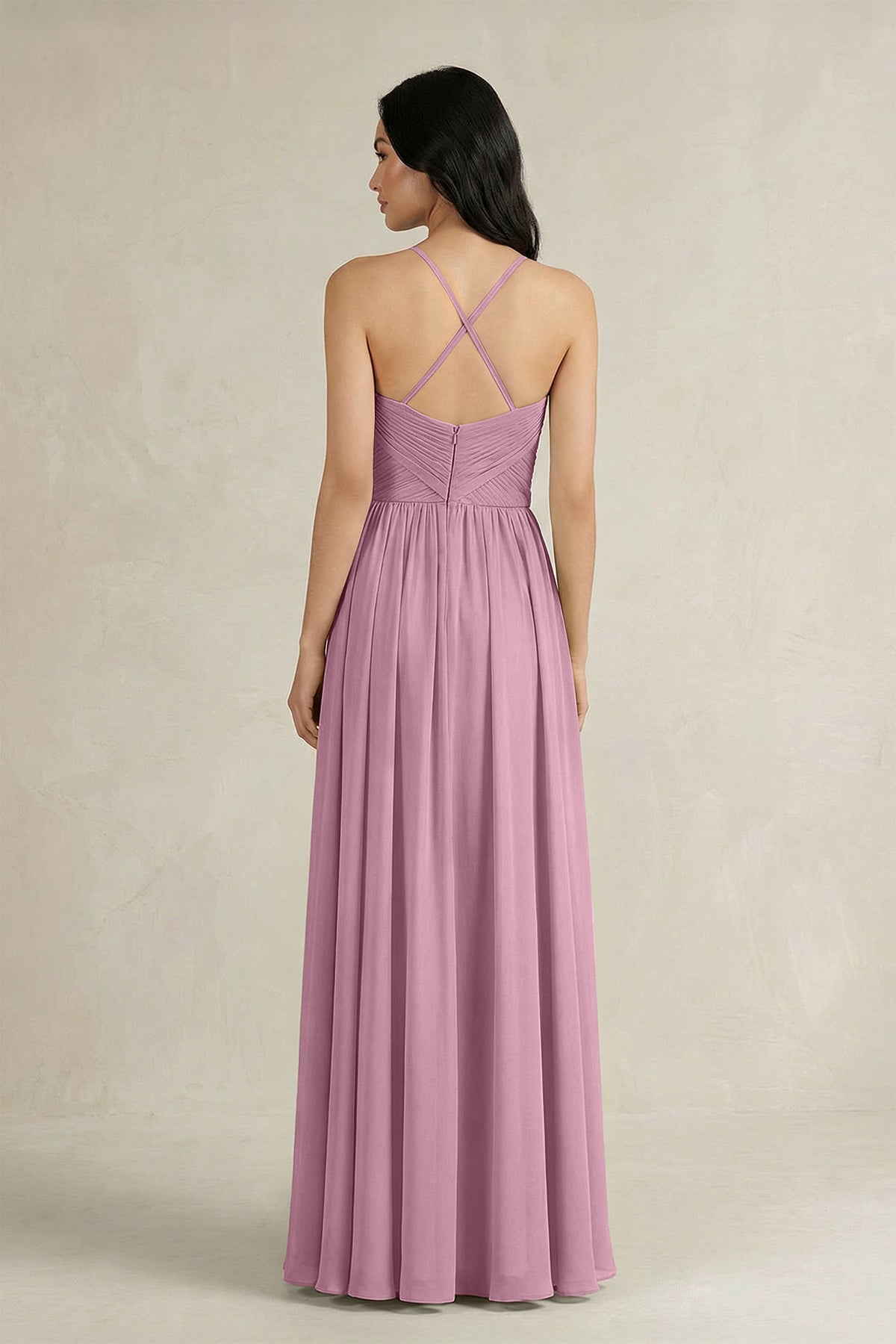 A-Line Pleated Spaghetti Strap Chiffon Bridesmaid Dress in Vintage Mauve