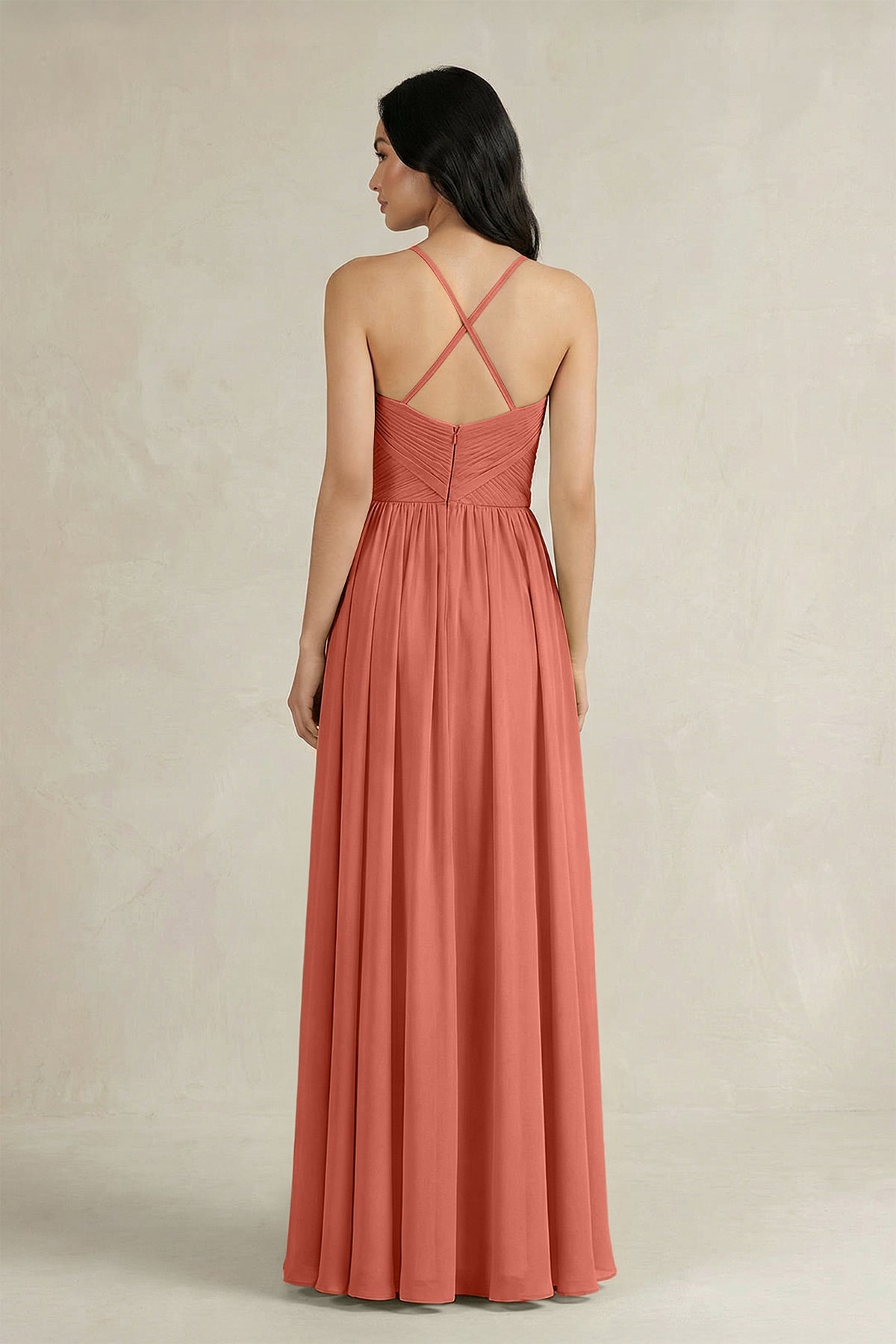 A-Line Pleated Spaghetti Strap Chiffon Bridesmaid Dress in Wild Rose