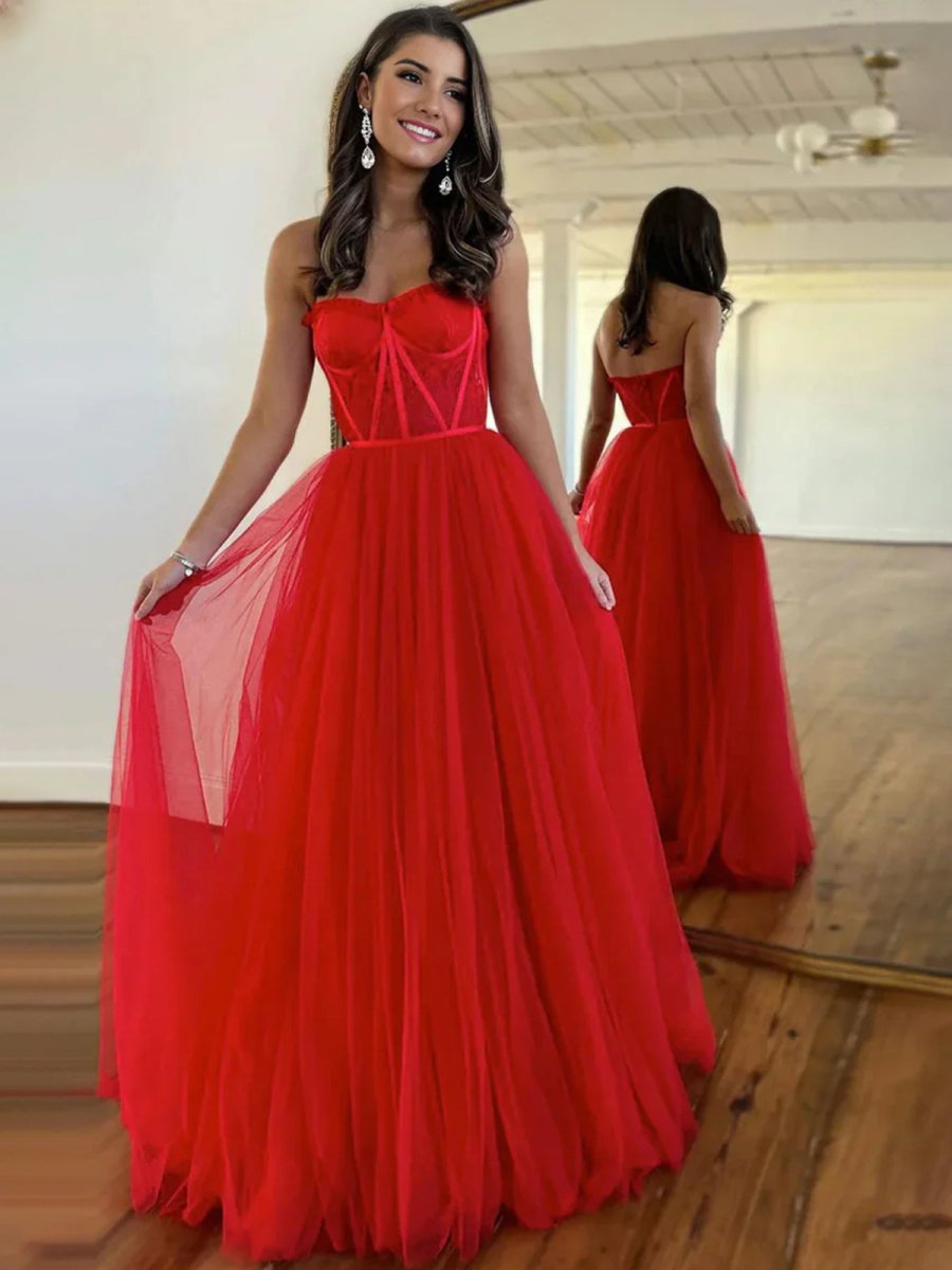 A Line Sweetheart Corset Tulle Prom Dress with Slit