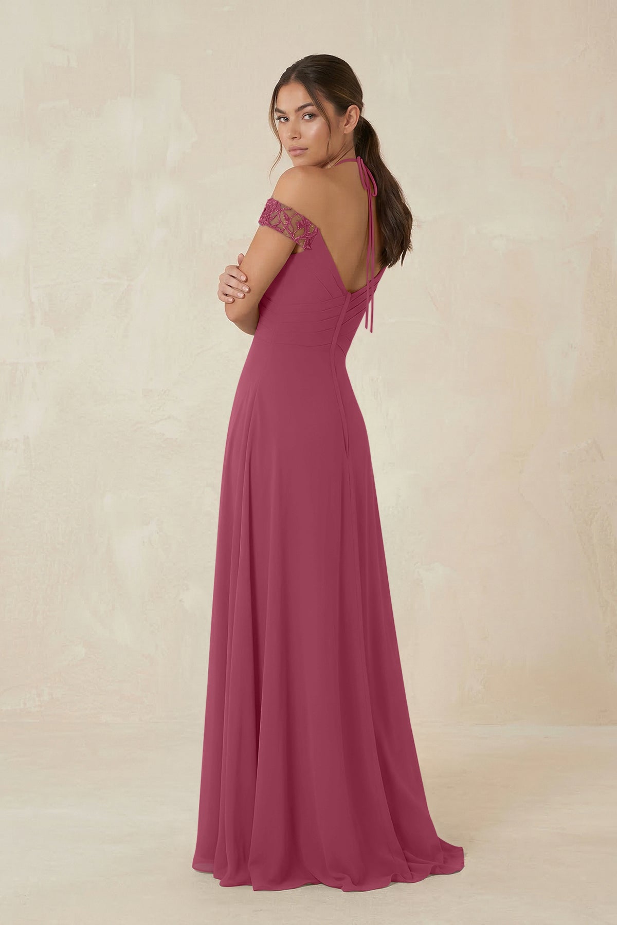 A-Line Off-the-Shoulder Chiffon Bridesmaid Dress in Desert Rose