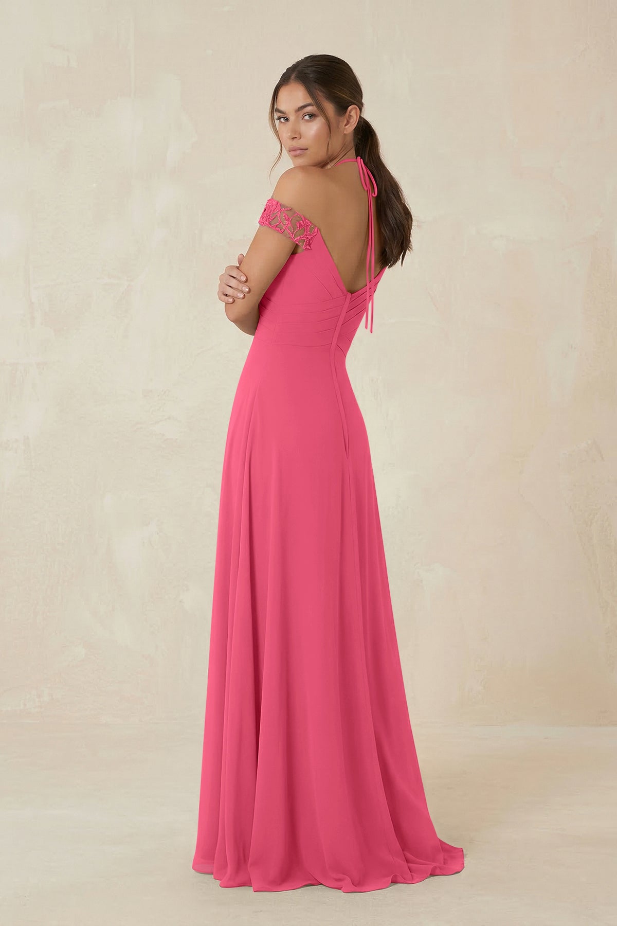 A-Line Off-the-Shoulder Chiffon Bridesmaid Dress in Fuchsia