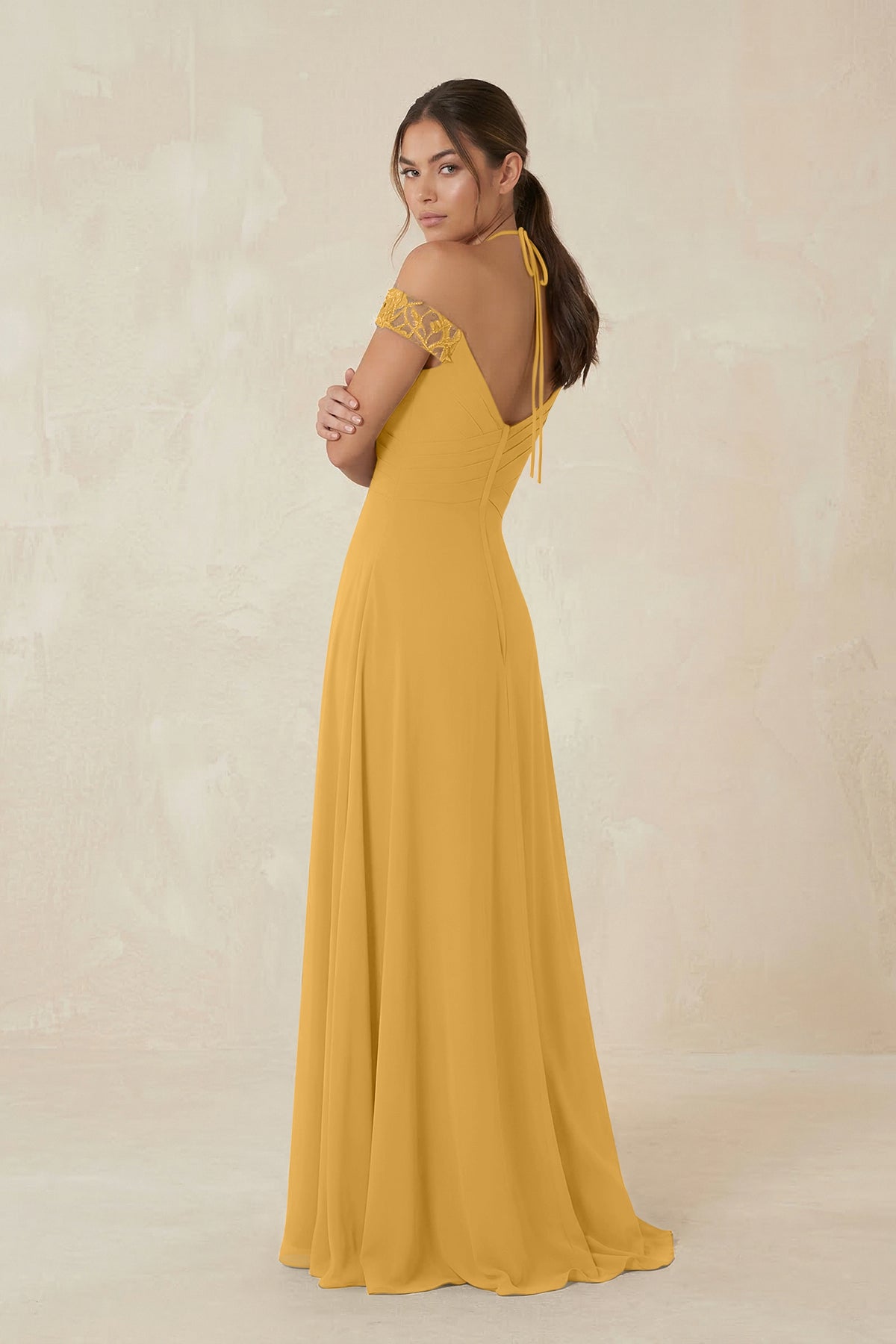 A-Line Off-the-Shoulder Chiffon Bridesmaid Dress in Marigold