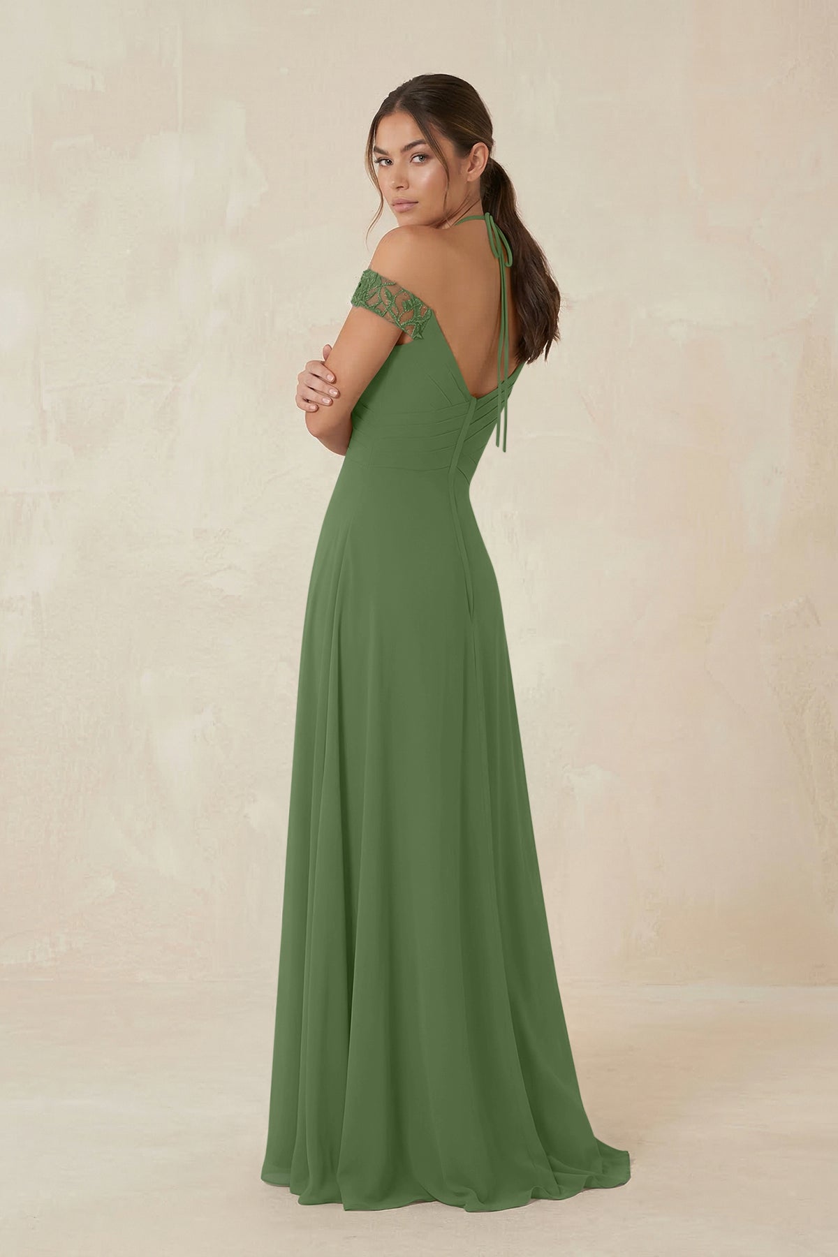 A-Line Off-the-Shoulder Chiffon Bridesmaid Dress in Moss