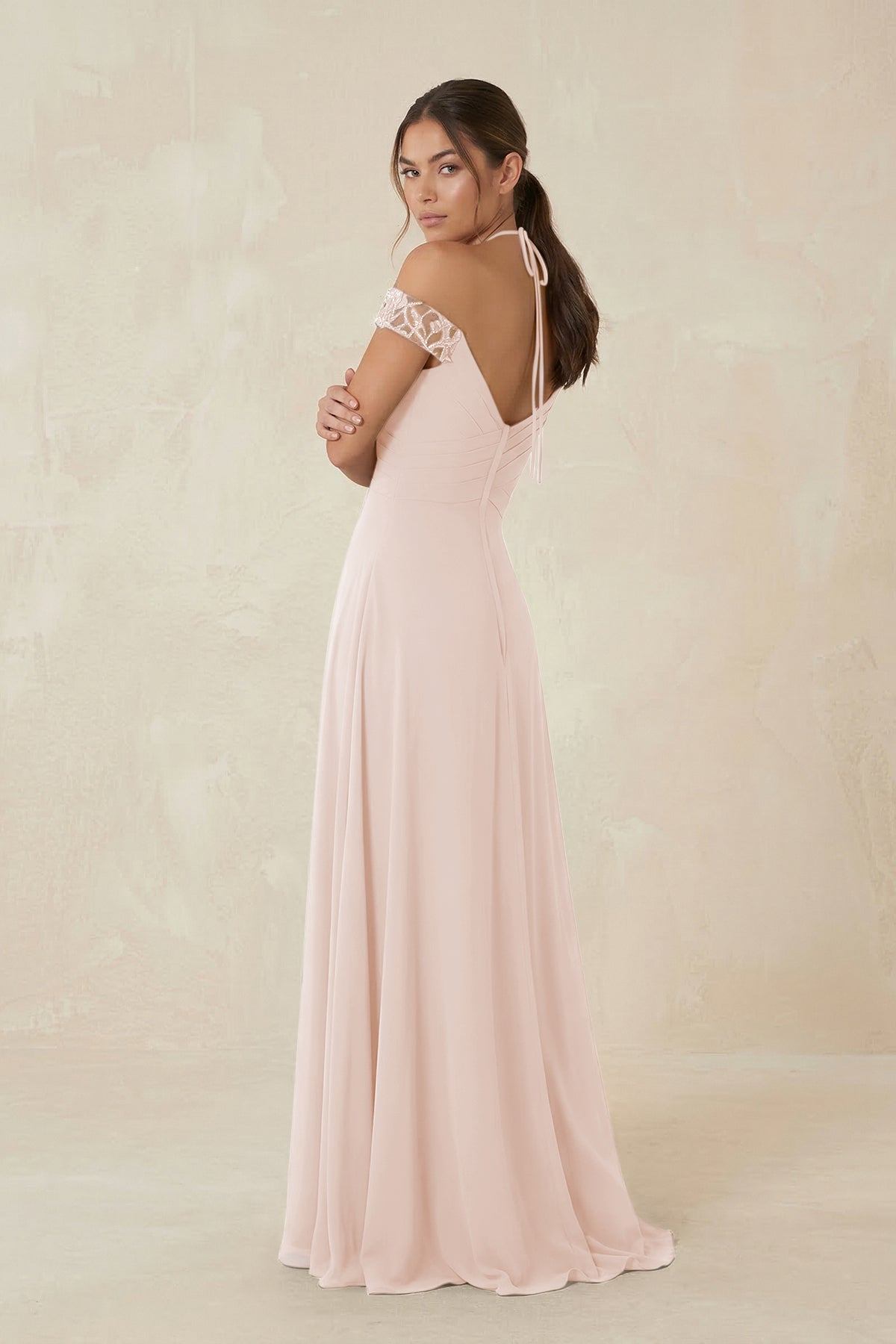A-Line Off-the-Shoulder Chiffon Bridesmaid Dress in Pale Blush