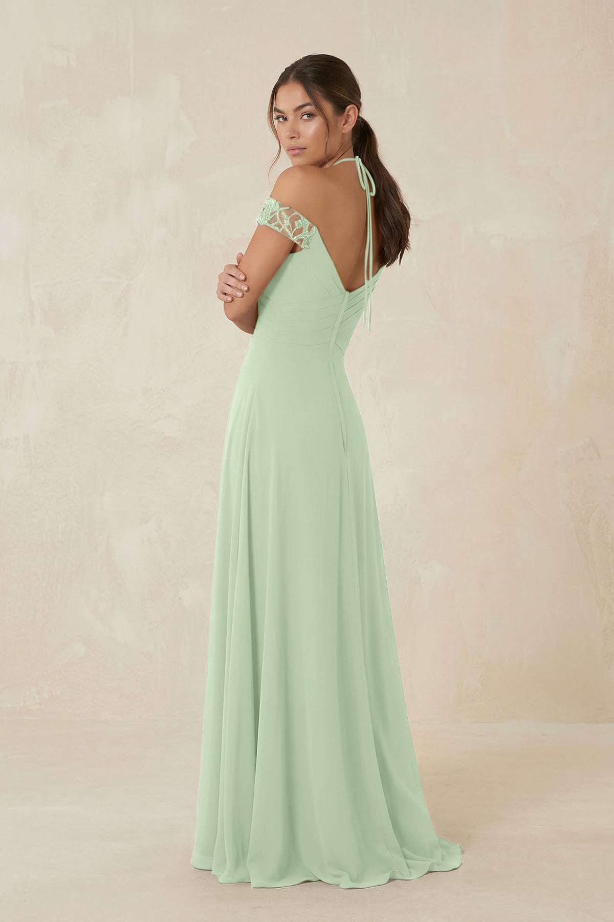 A-Line Off-the-Shoulder Chiffon Bridesmaid Dress in Sage