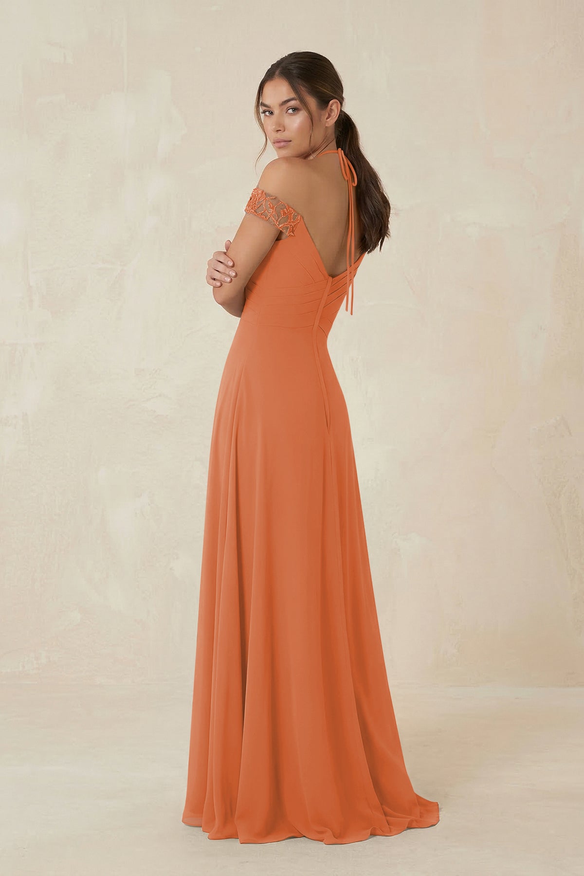 A-Line Off-the-Shoulder Chiffon Bridesmaid Dress in Terracotta