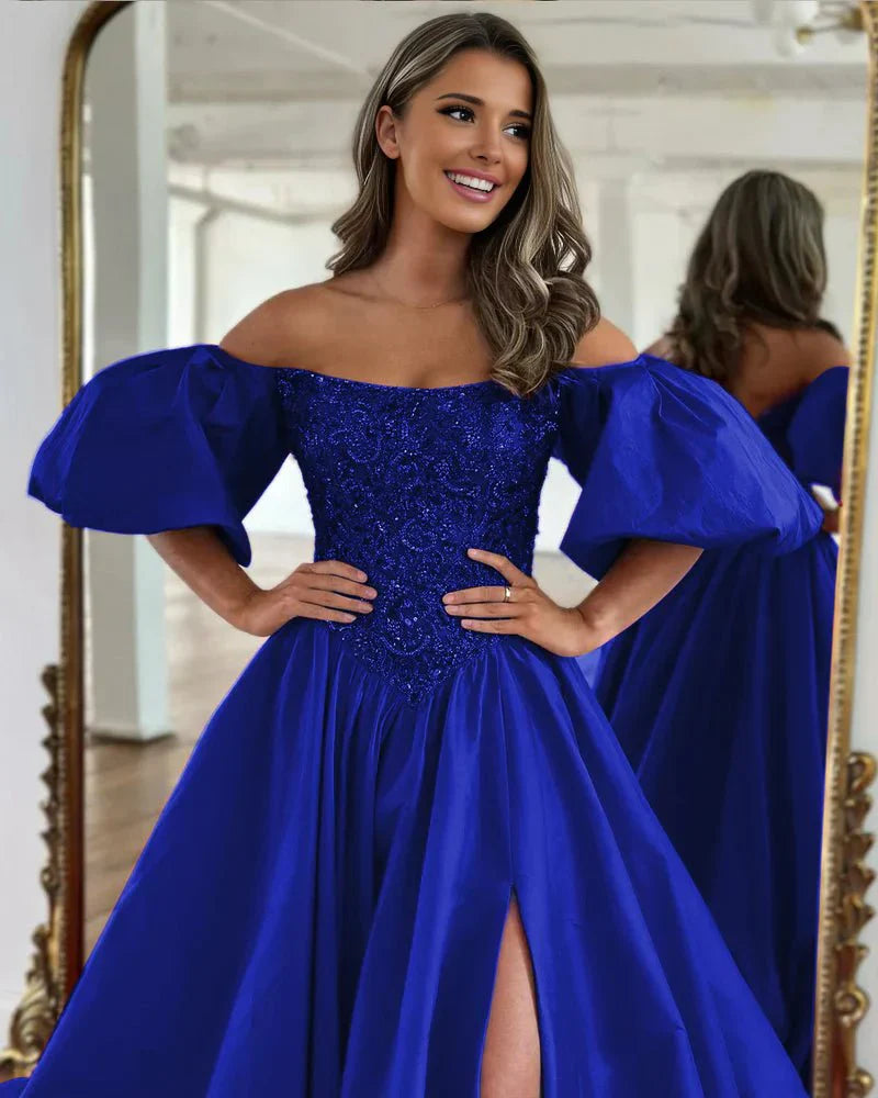 A-Line Off The Shoulder Taffeta Prom Dress With Short Puffy Sleeves