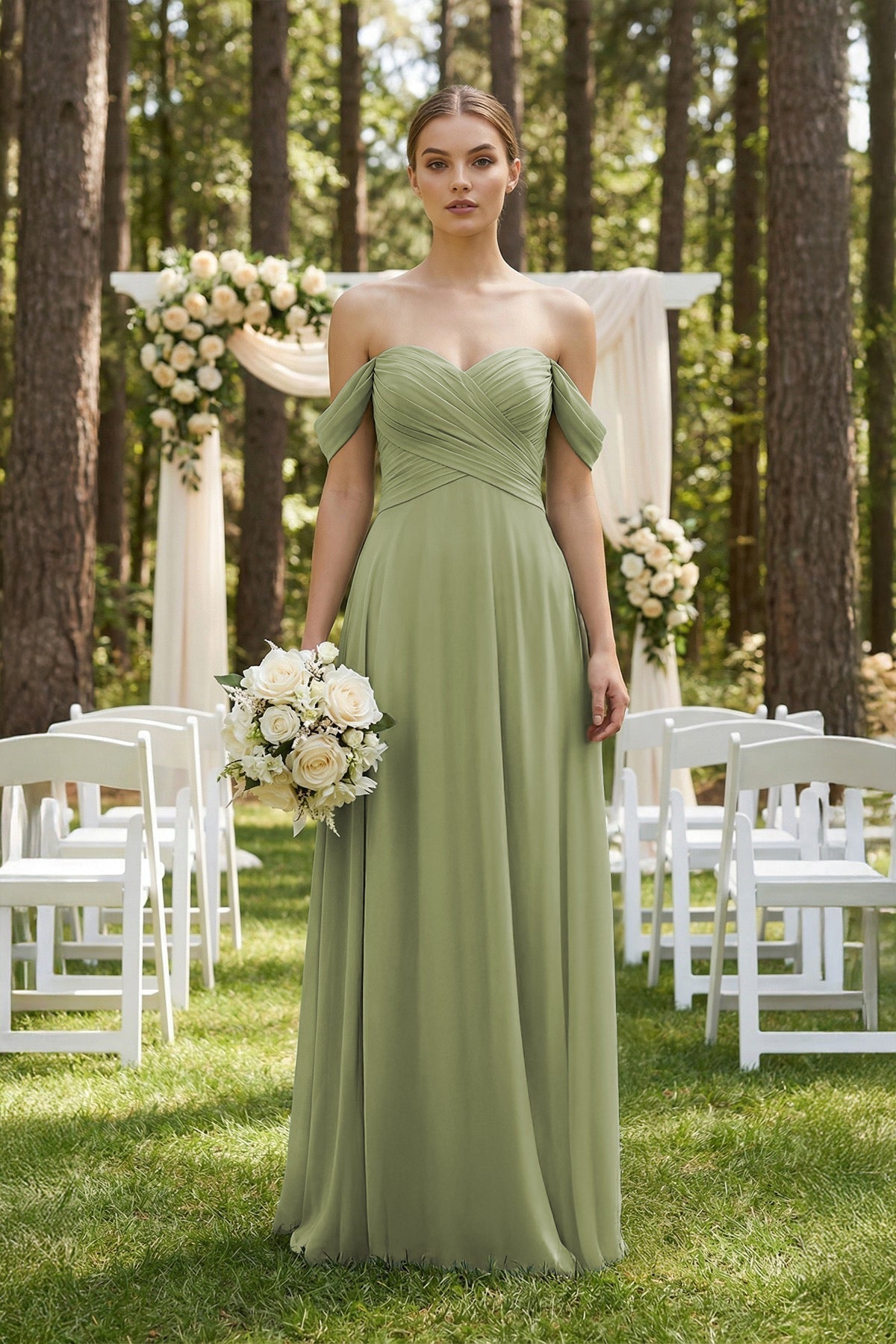 A-Line Off-the-Shoulder Chiffon Bridesmaid Dress in Moss Green