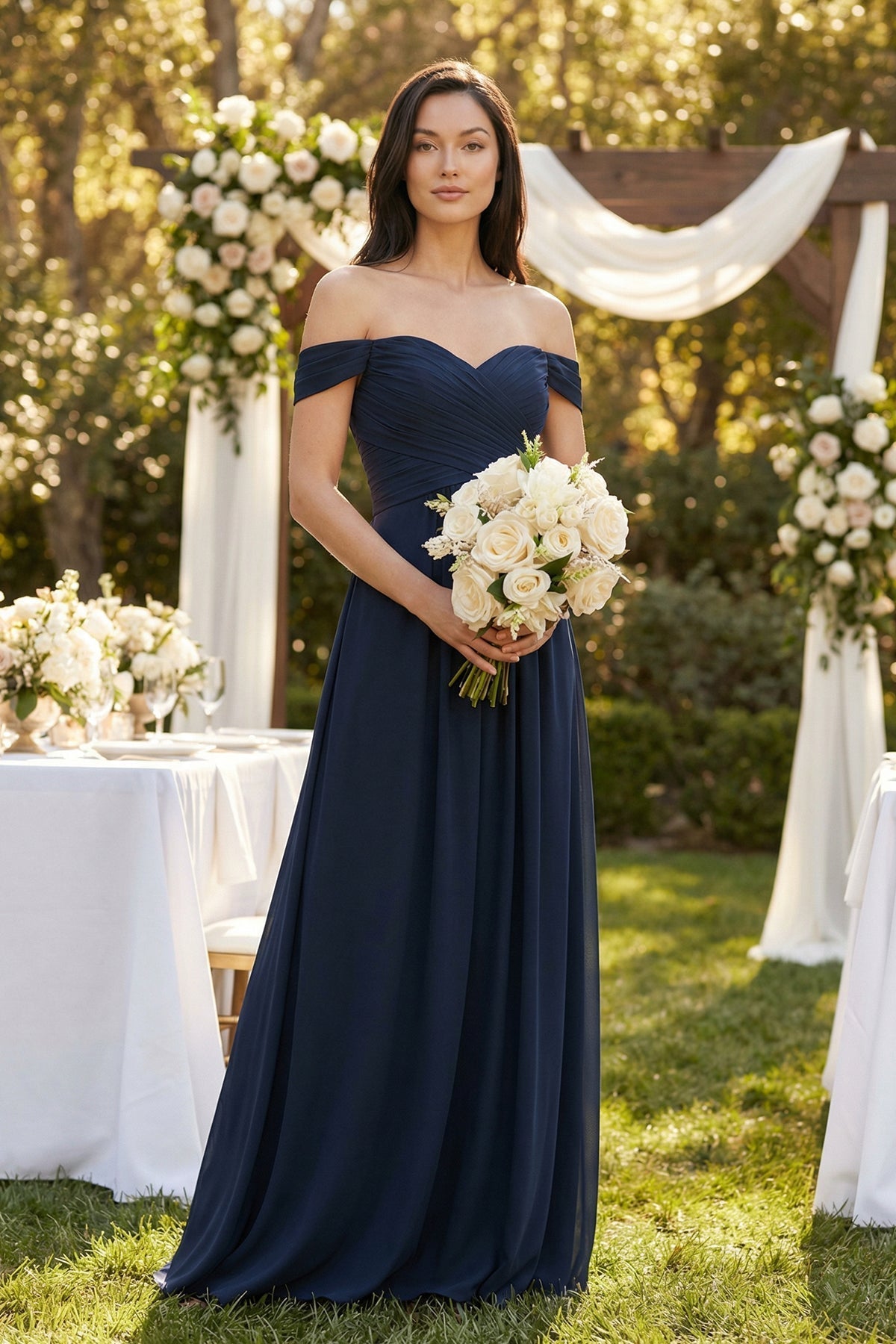 A-Line Pleated Off-the-Shoulder Chiffon Bridesmaid Dress in Dark Navy