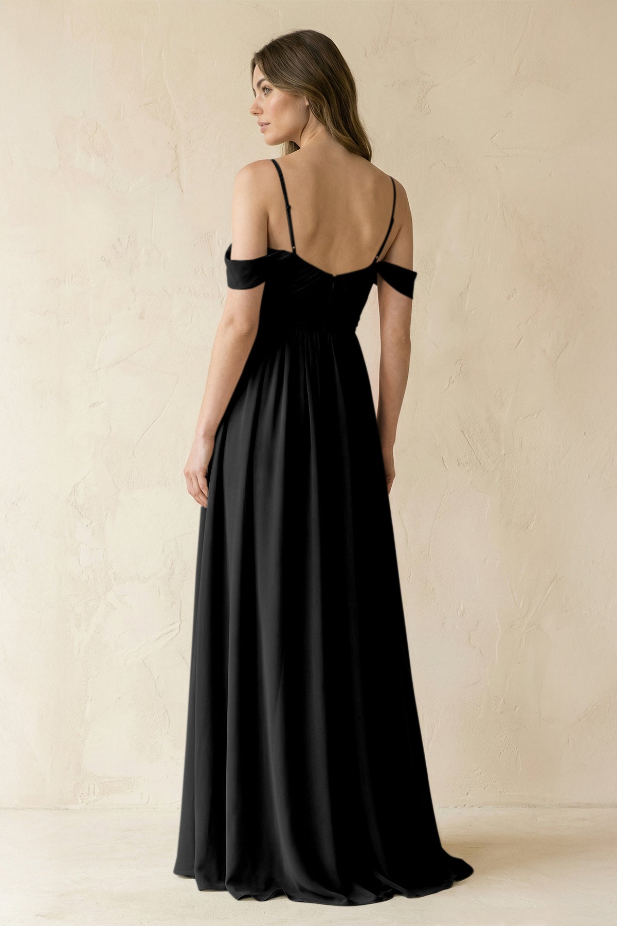 A-Line Off-the-Shoulder Pleated Chiffon Bridesmaid Dress in Black