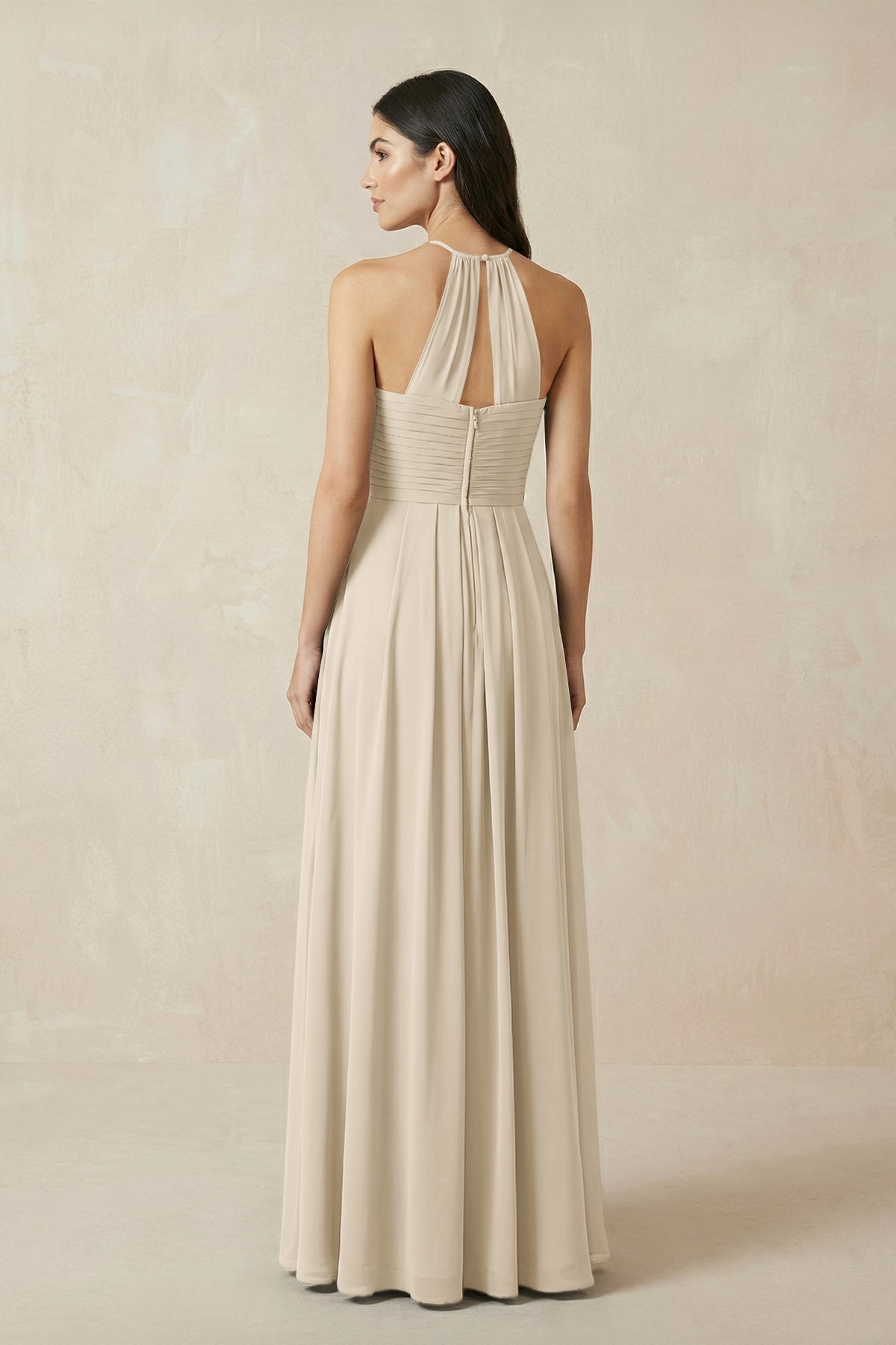A-Line Halter Neck Pleated Chiffon Bridesmaid Dress in Champagne