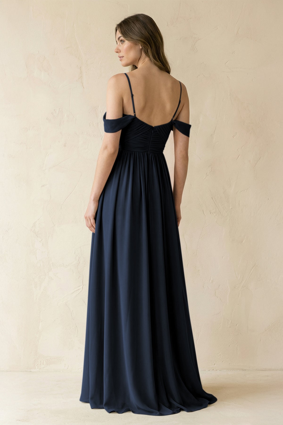 A-Line Off-the-Shoulder Pleated Chiffon Bridesmaid Dress in Dark Navy