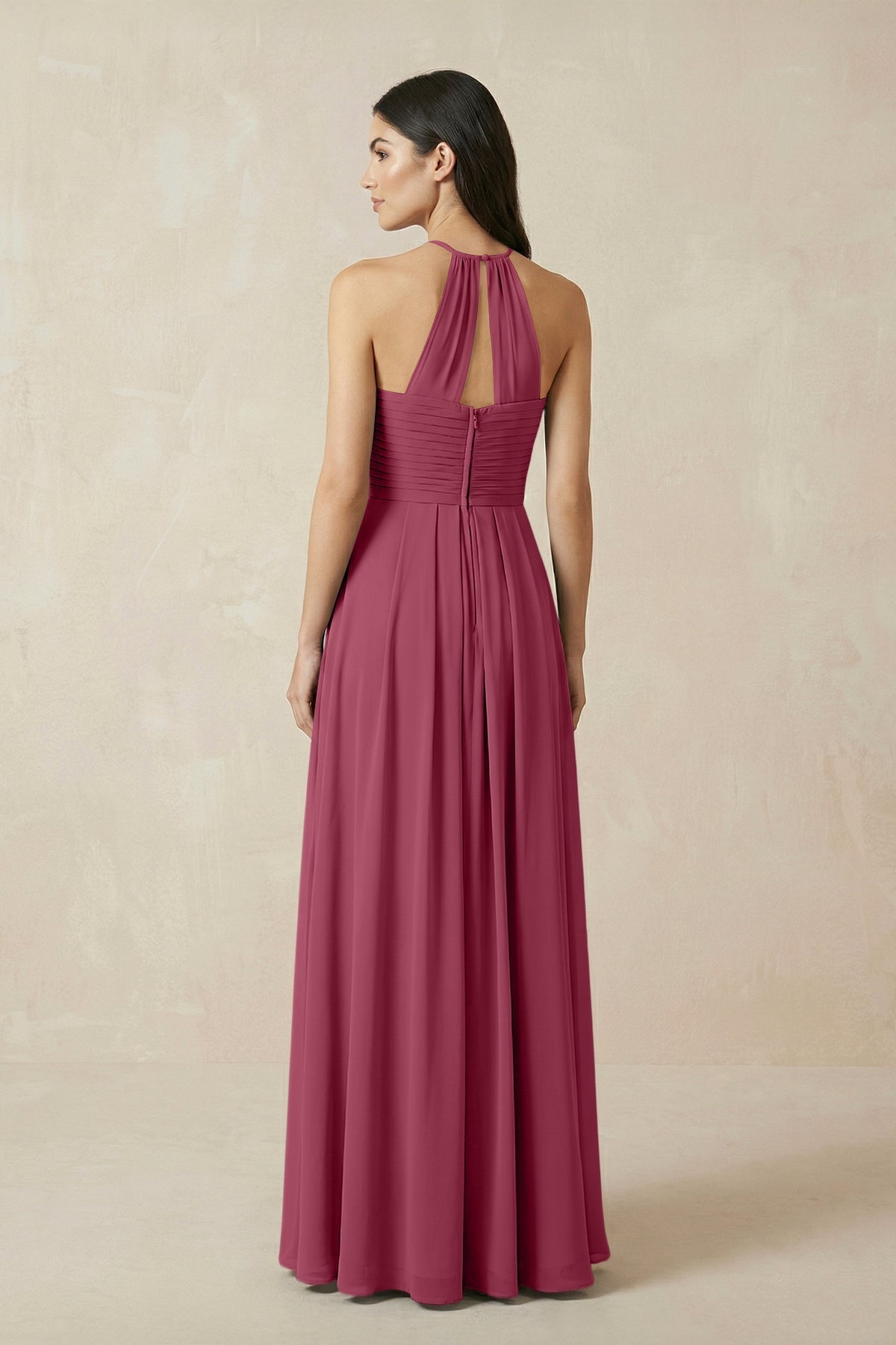 A-Line Halter Neck Pleated Chiffon Bridesmaid Dress in Desert Rose