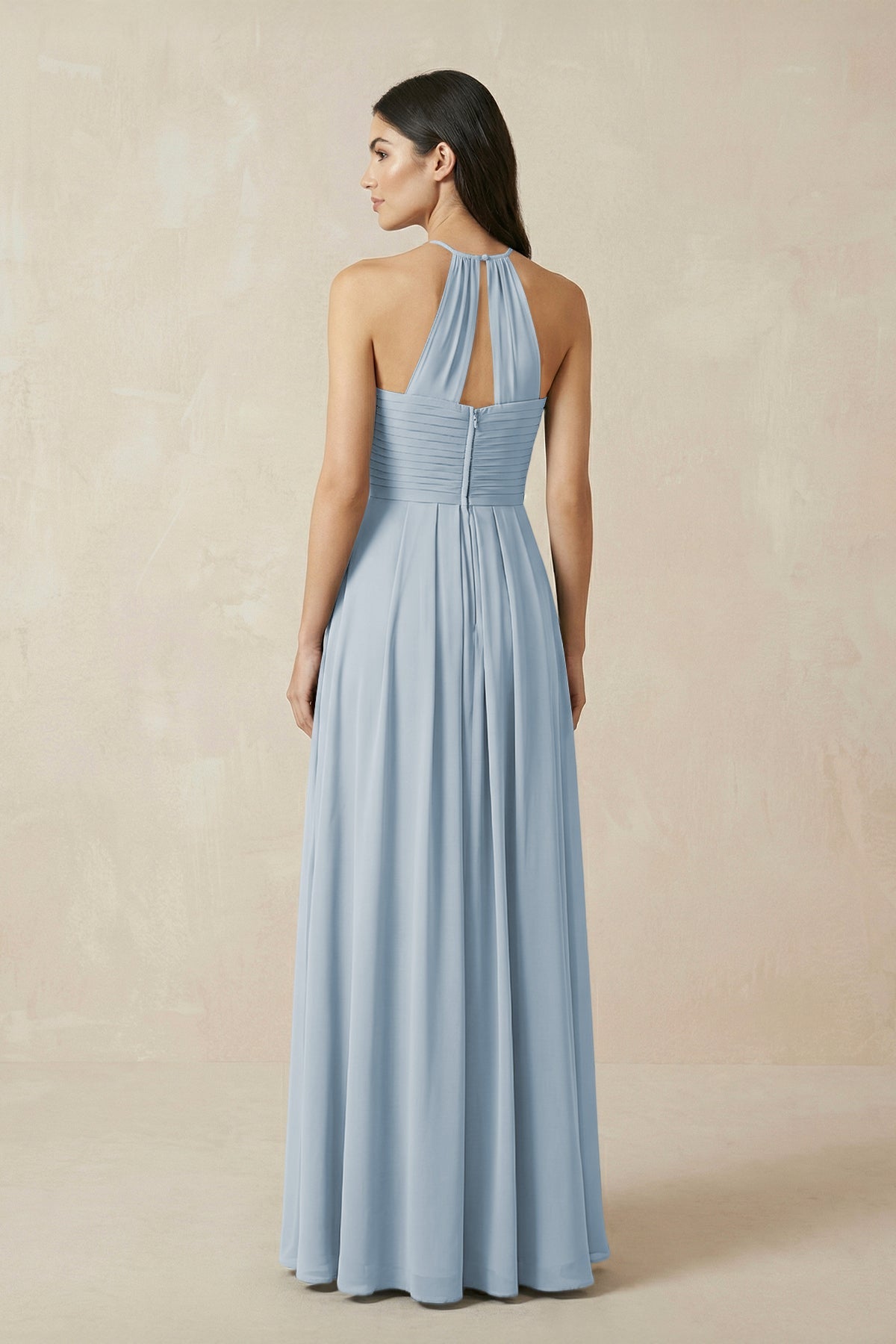 A-Line Halter Neck Pleated Chiffon Bridesmaid Dress in Dusty Blue