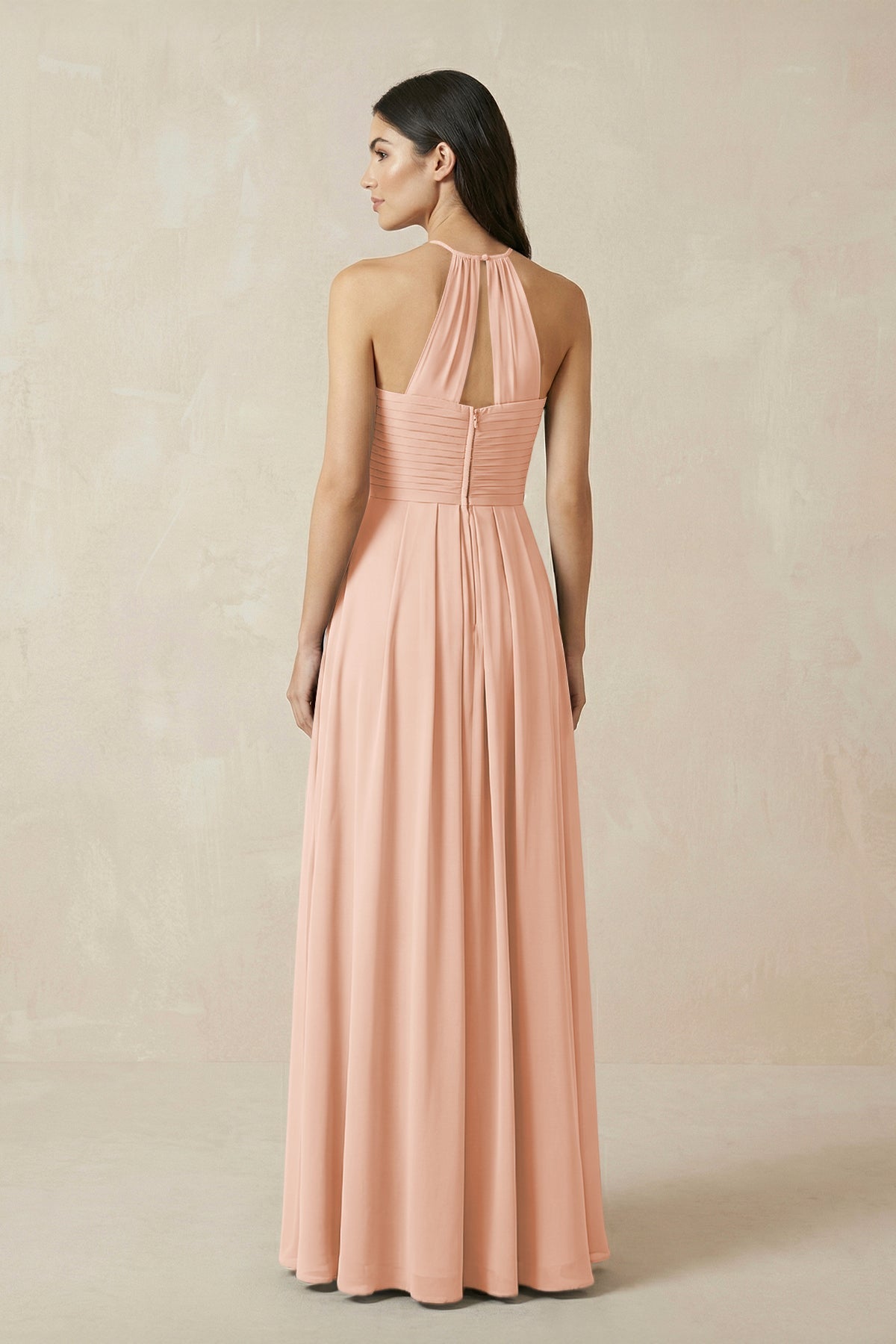 A-Line Halter Neck Pleated Chiffon Bridesmaid Dress in English Rose