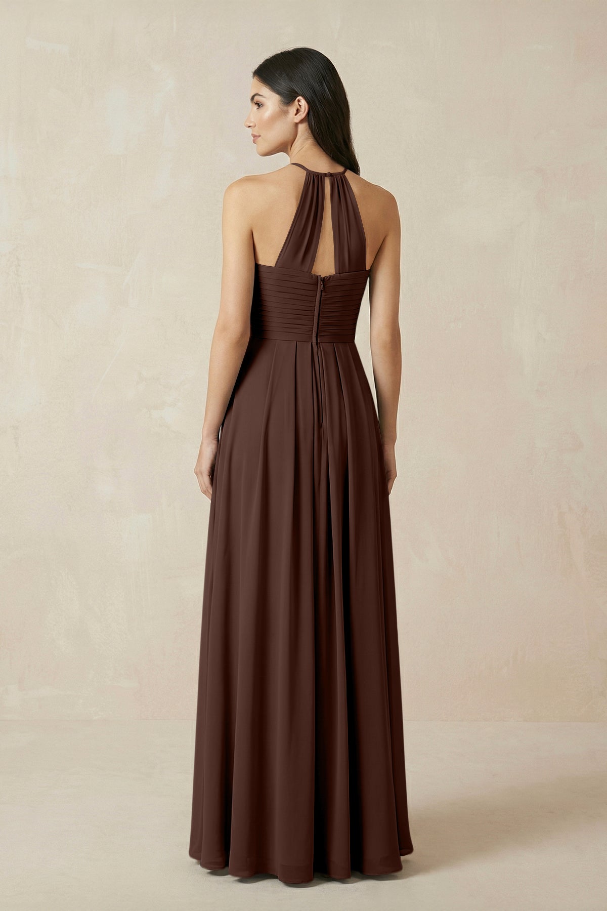 A-Line Halter Neck Pleated Chiffon Bridesmaid Dress in Espresso