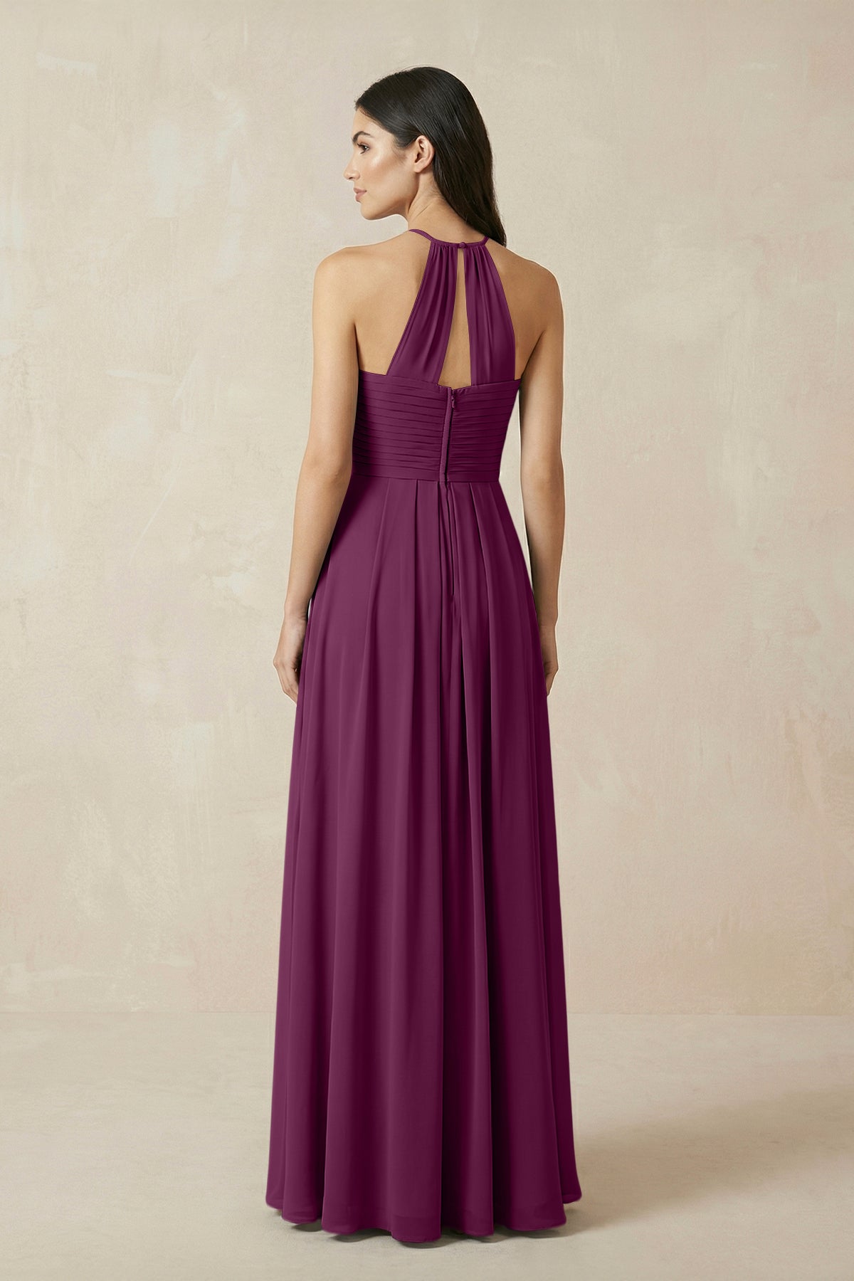 A-Line Halter Neck Pleated Chiffon Bridesmaid Dress in Fig
