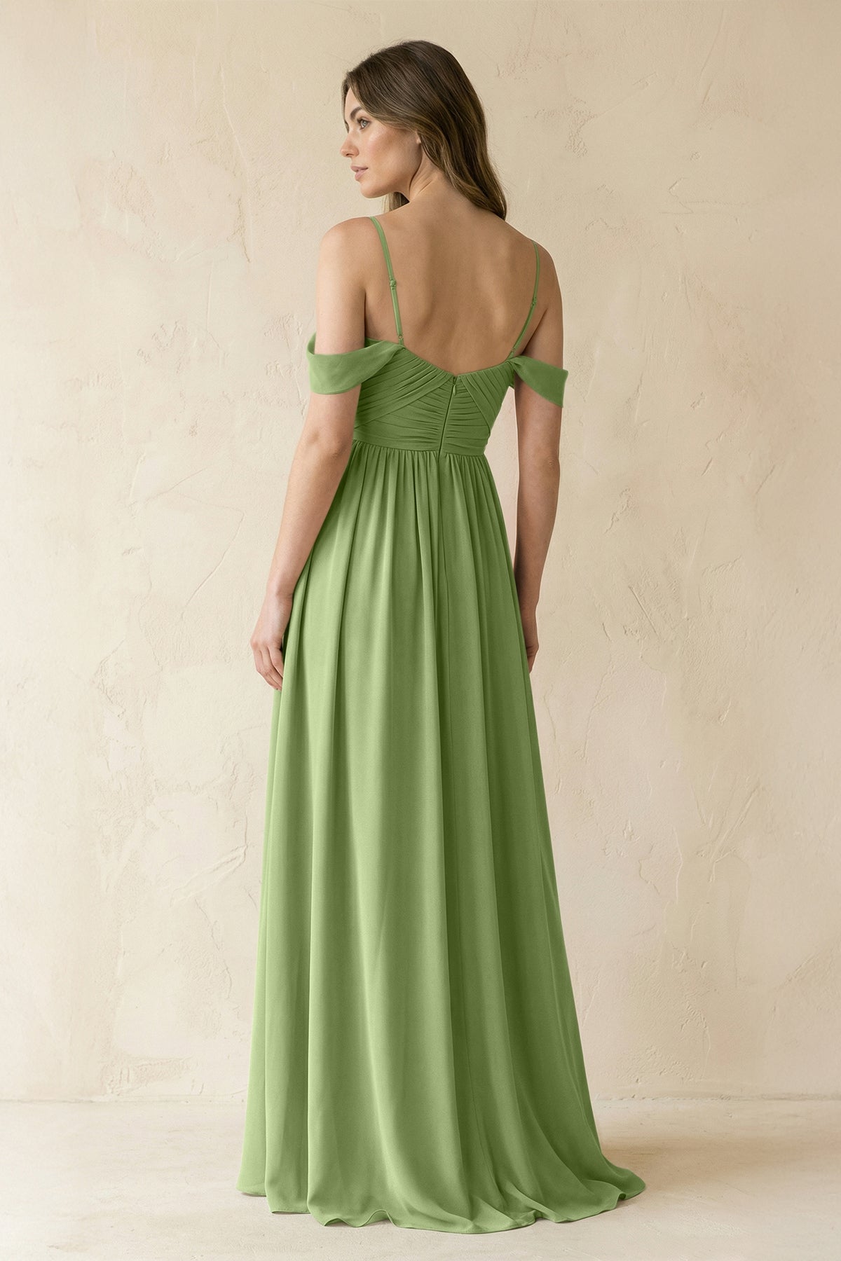 A-Line Off-the-Shoulder Pleated Chiffon Bridesmaid Dress in Matcha