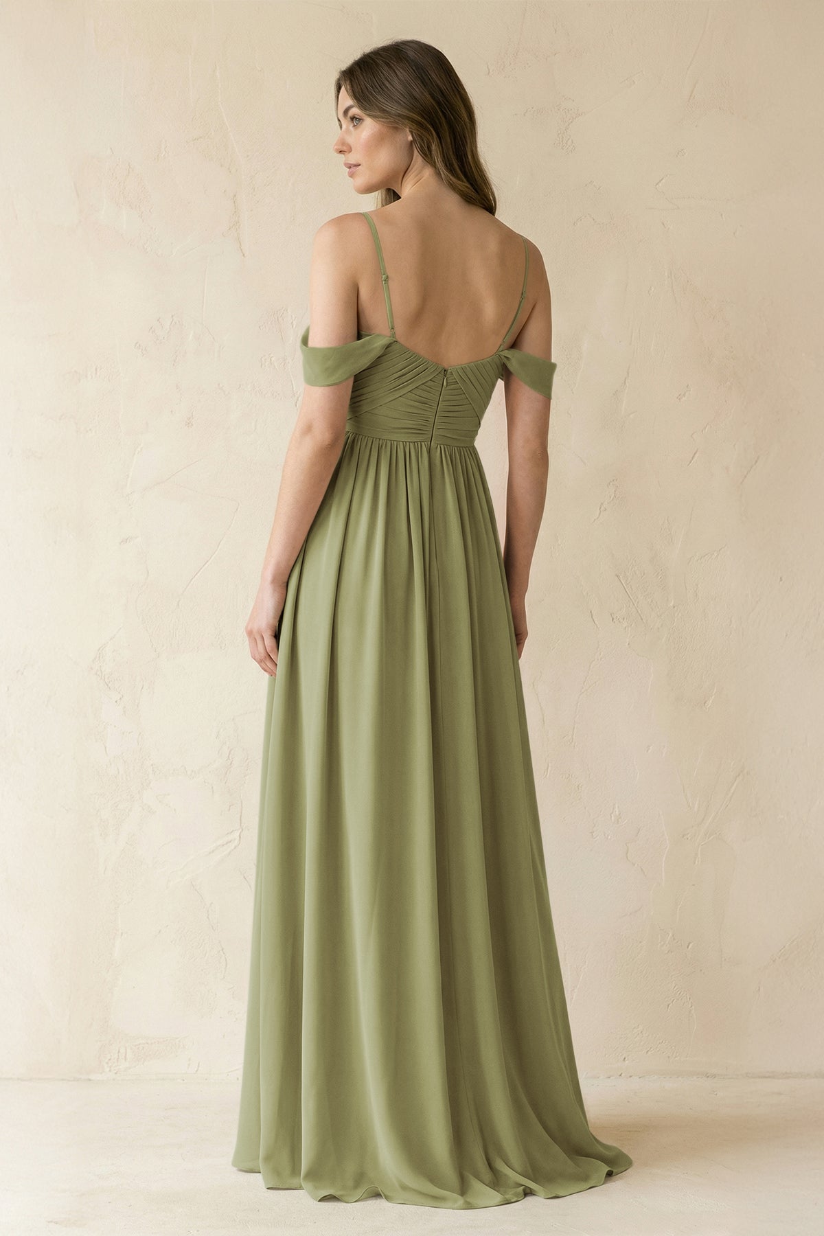 A-Line Off-the-Shoulder Pleated Chiffon Bridesmaid Dress in Moss Green