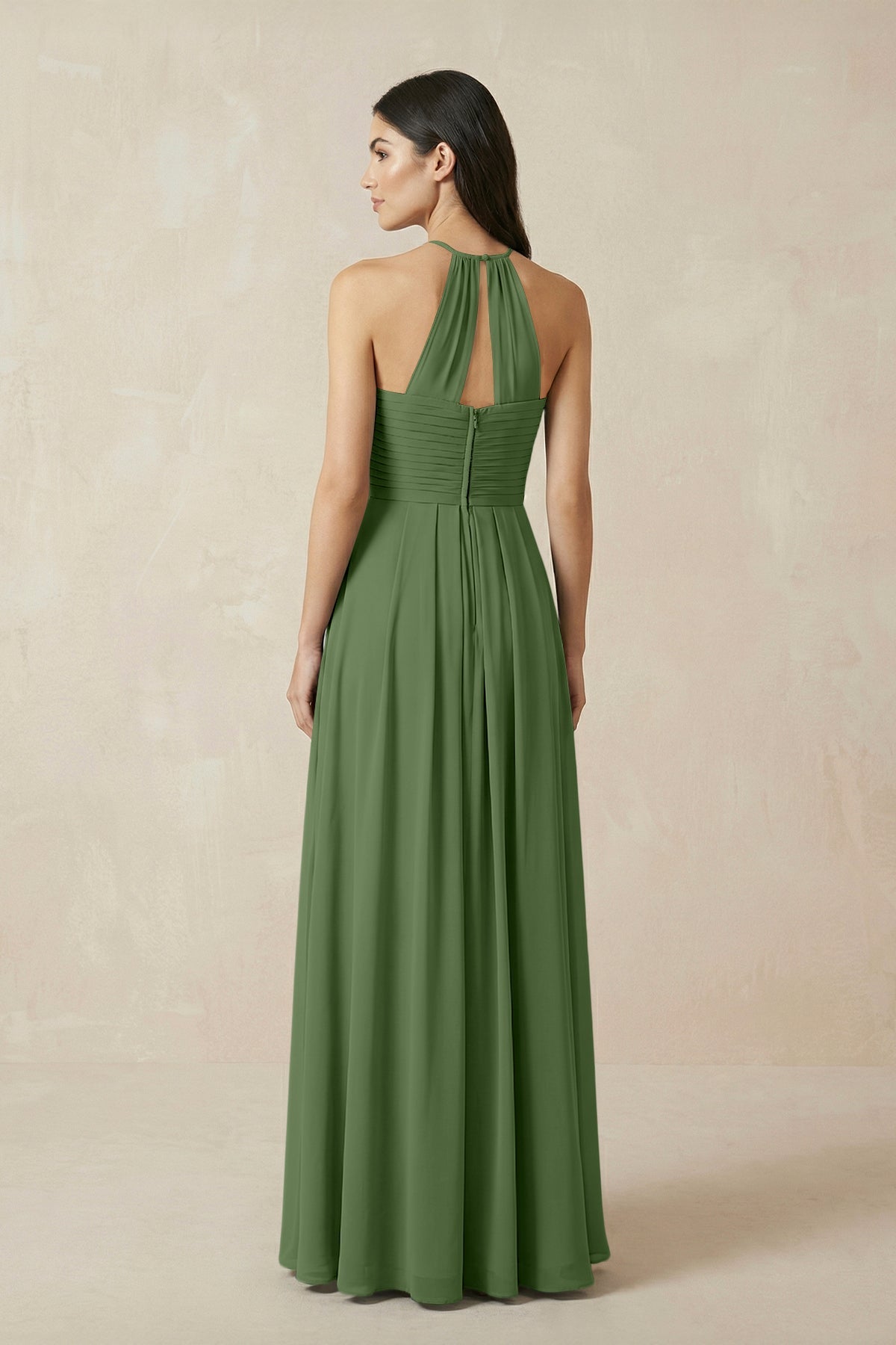 A-Line Halter Neck Pleated Chiffon Bridesmaid Dress in Moss
