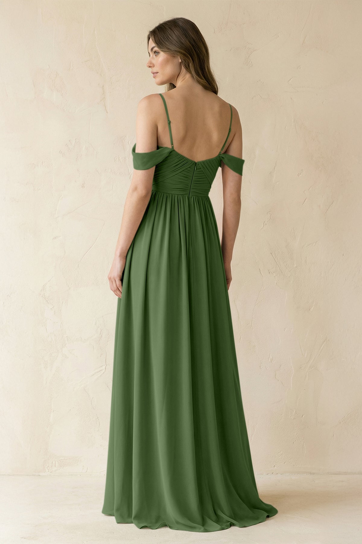 A-Line Off-the-Shoulder Pleated Chiffon Bridesmaid Dress in Moss